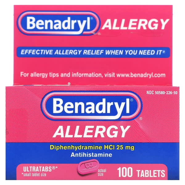Benadryl, Allergy, дипенгидрамин гидрохлорид, 25 мг, 100 таблеток