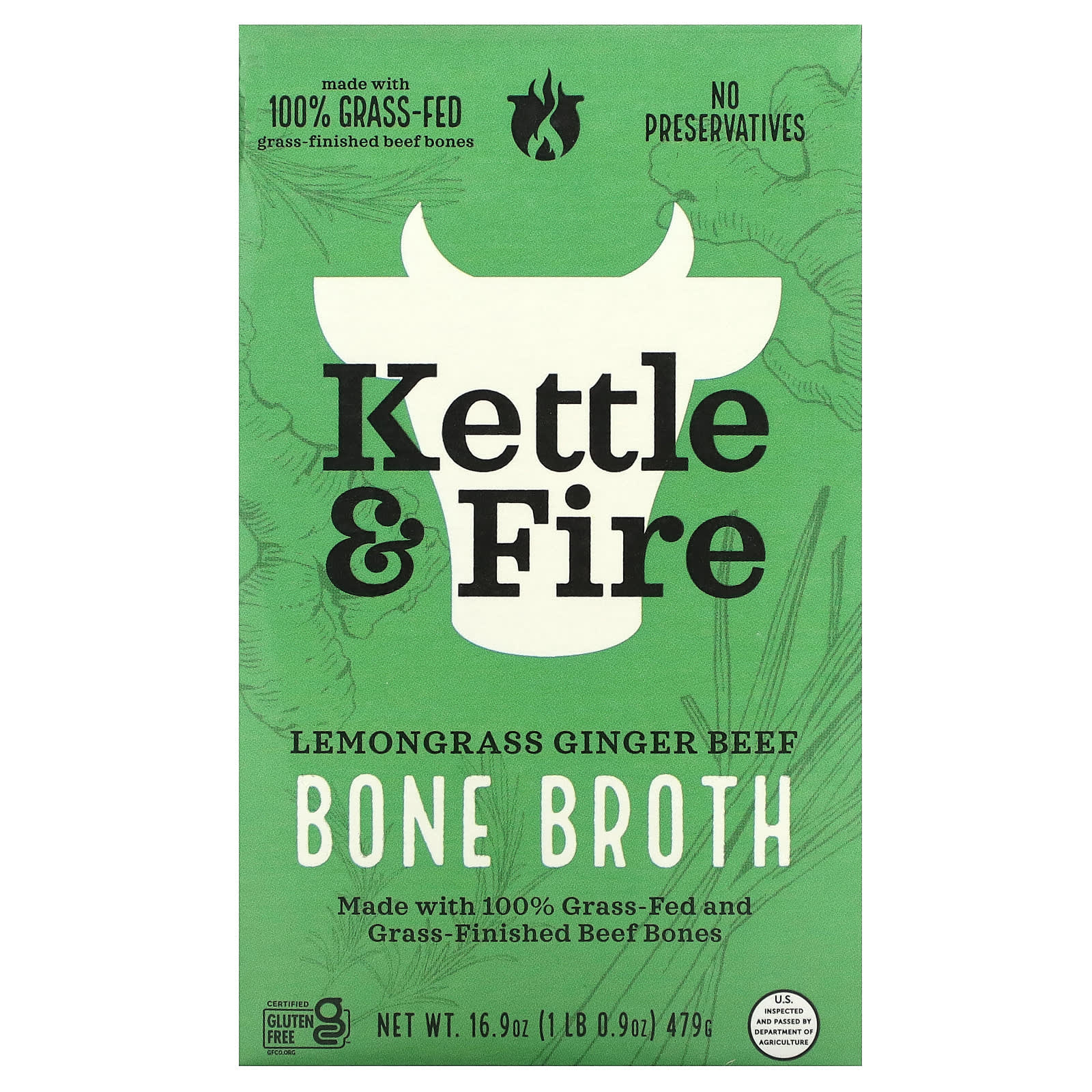 Kettle - Fire, Bone Broth, говядина с лемонграссом и имбирем, 479 г (16,9 унции)