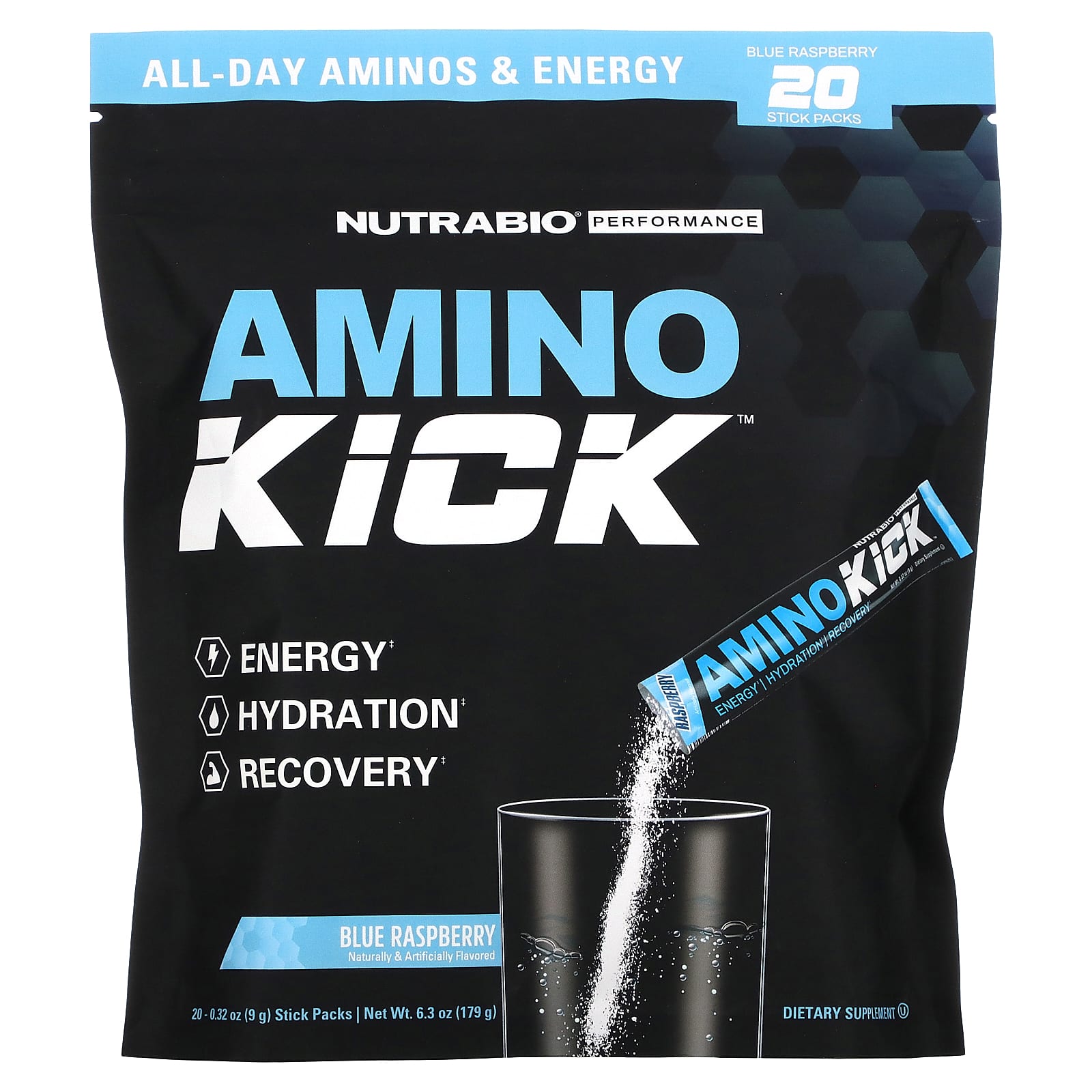 NutraBio Amino Kick голубая малина 20 пакетиков по 9 г 032 унции 5690₽