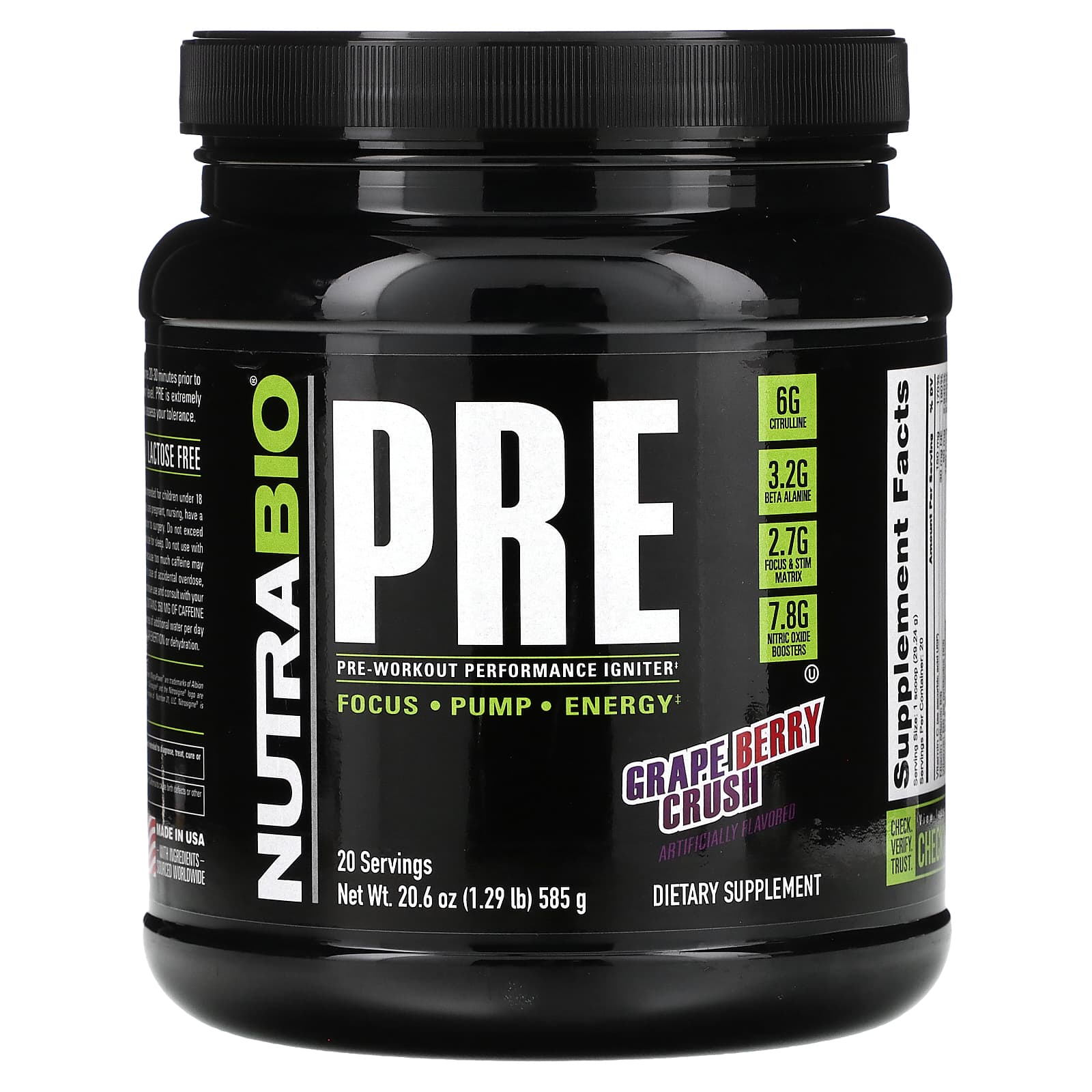 NutraBio Pre-Workout Performance Igniter Grape Berry Crush 585 г 129 фунта 9490₽