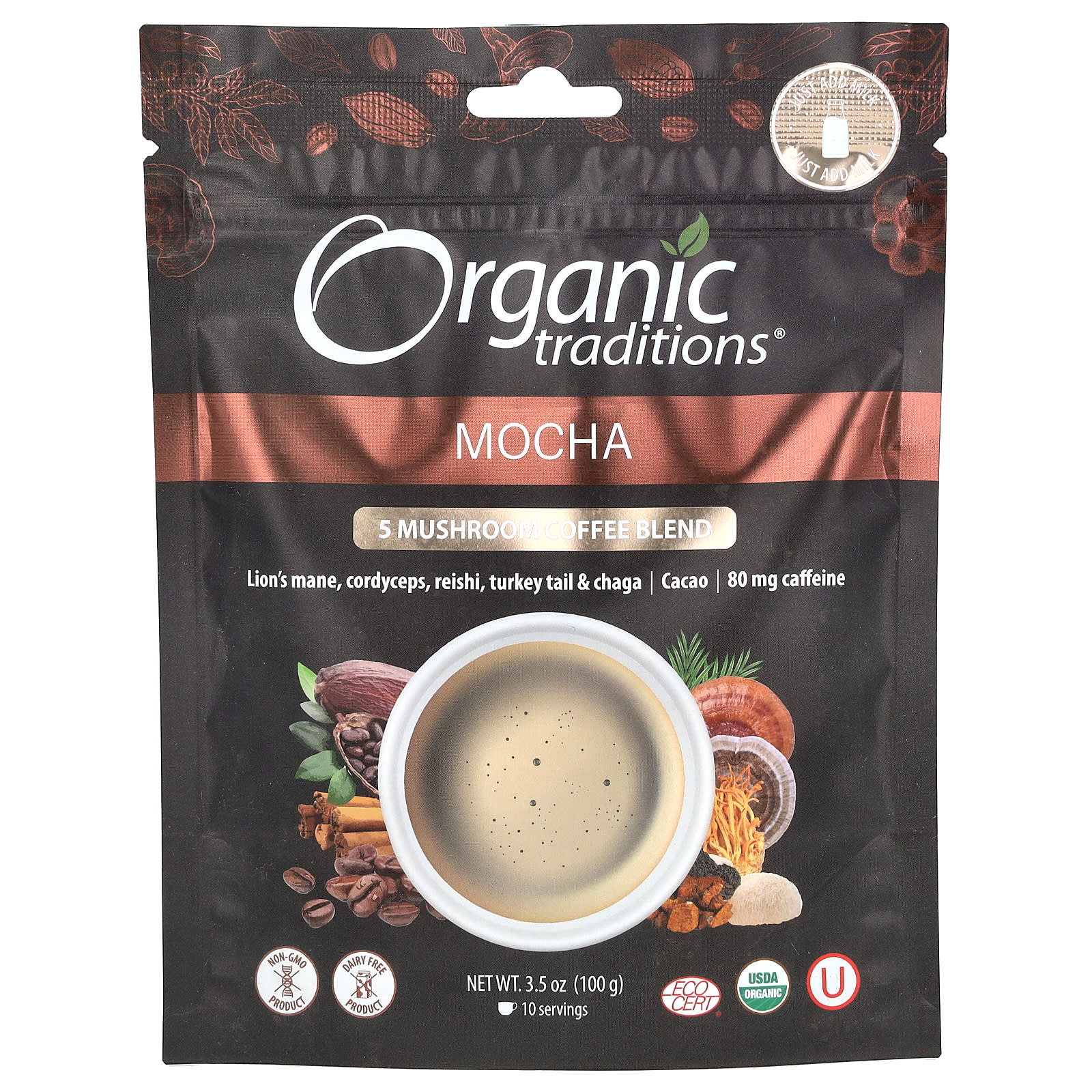 Organic Traditions Смесь 5 грибов и кофе мокко 100 г 35 унции 2590₽