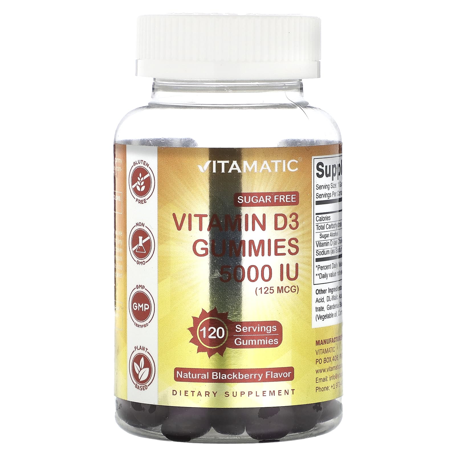 Vitamatic, Жевательные таблетки с витамином D3 без сахара, натуральная ежевика, 125 мкг (5000 МЕ), 120 жевательных таблеток
