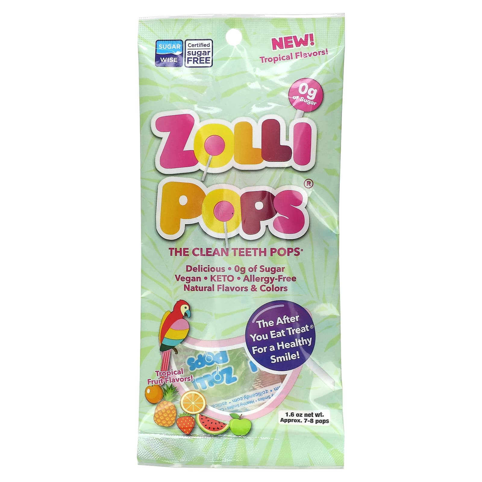 Zollipops Zolli Pops капли для чистки зубов тропические фрукты прибл 7-8 леденцов 16 унции 1490₽