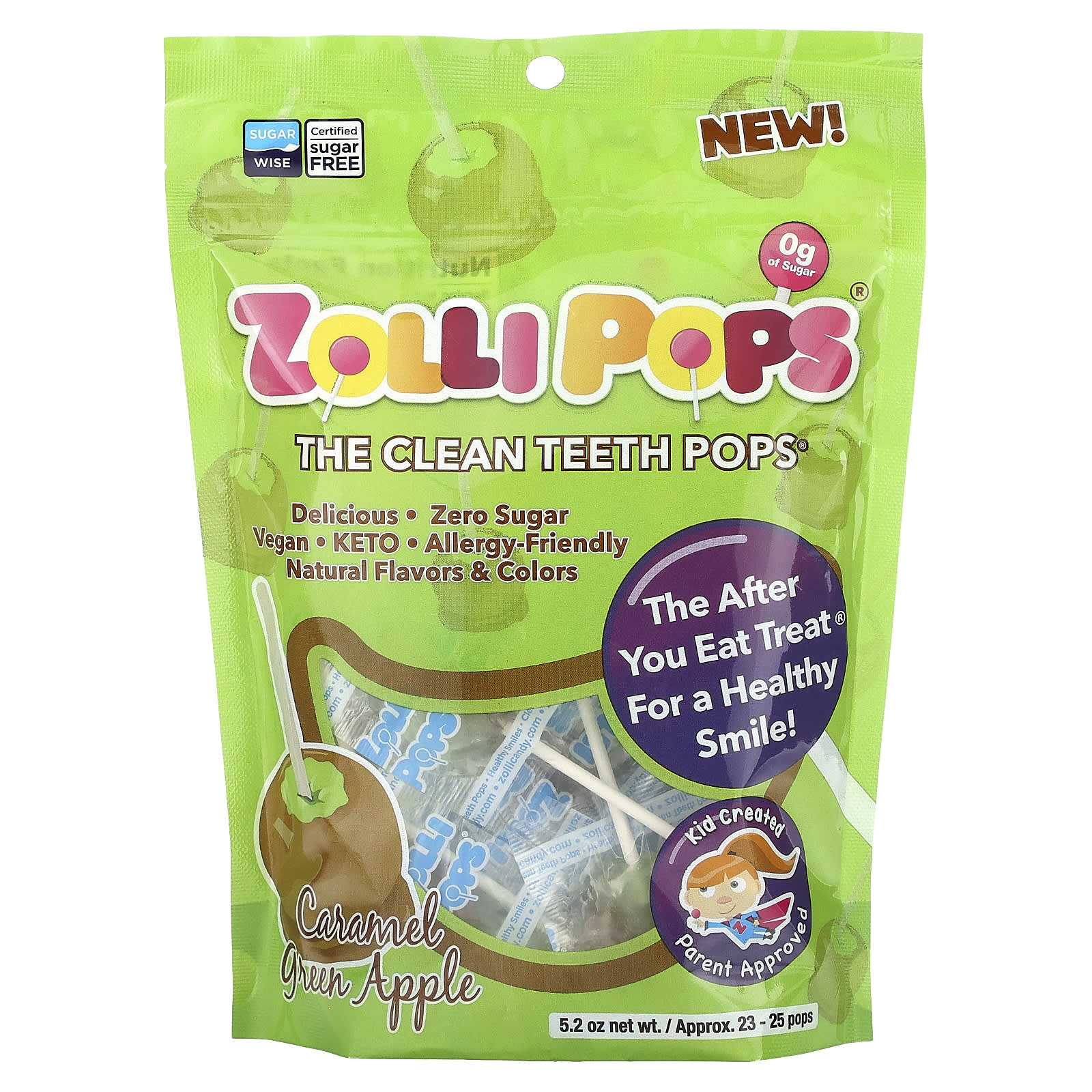 Zollipops The Clean Teeth Pops зеленое яблоко с карамелью прибл 23-25 леденцов 52 унции 1790₽