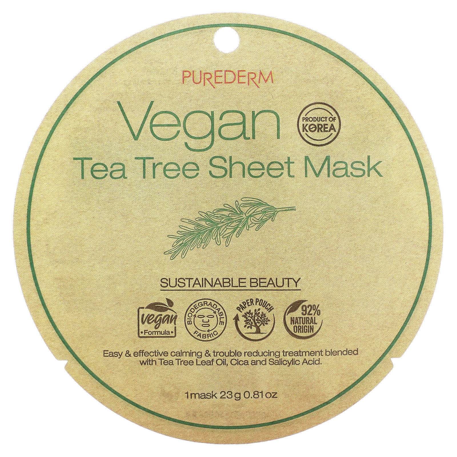 Purederm Vegan Tea Tree Sheet Beauty Mask 1 тканевая маска 23 г 081 унции 1390₽