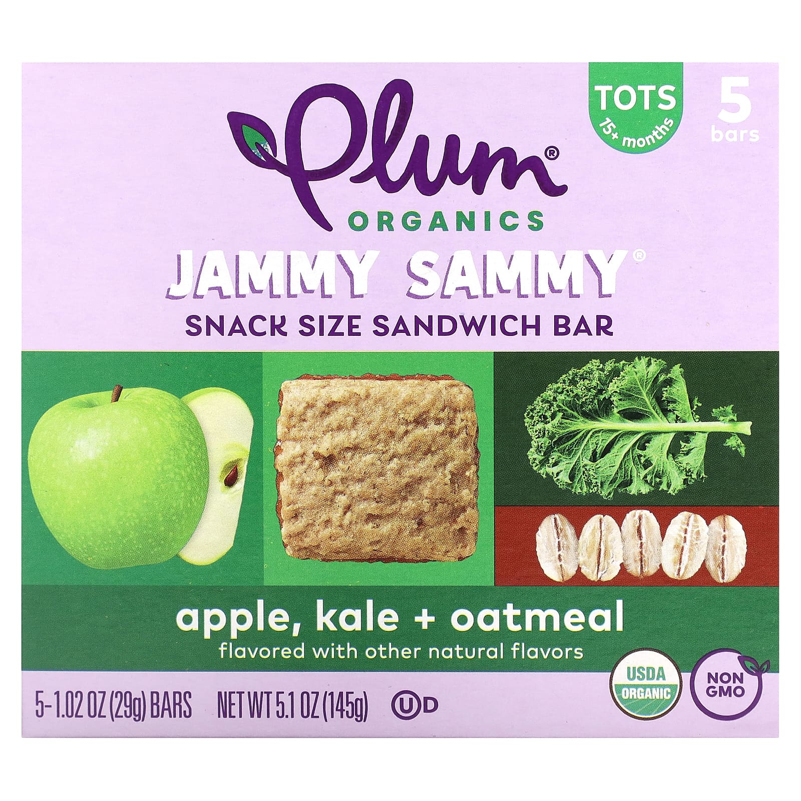 Plum Organics Jammy Sammy сэндвич-батончик для детей от 15 месяцев яблоко капуста и овсянка 5 батончиков 29 г 102 унции 1590₽