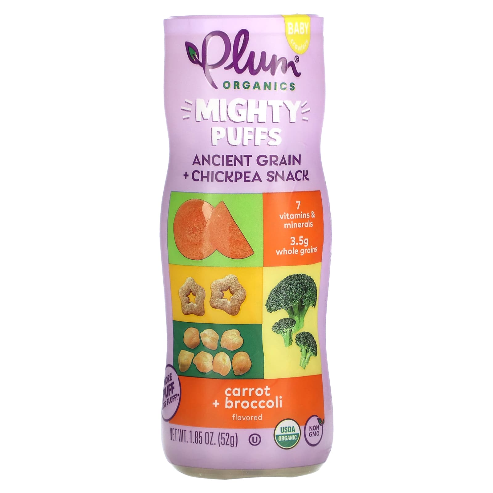 Plum Organics Mighty Puffs снек из древних злаков и нута морковь и брокколи 52 г 185 унции 1590₽