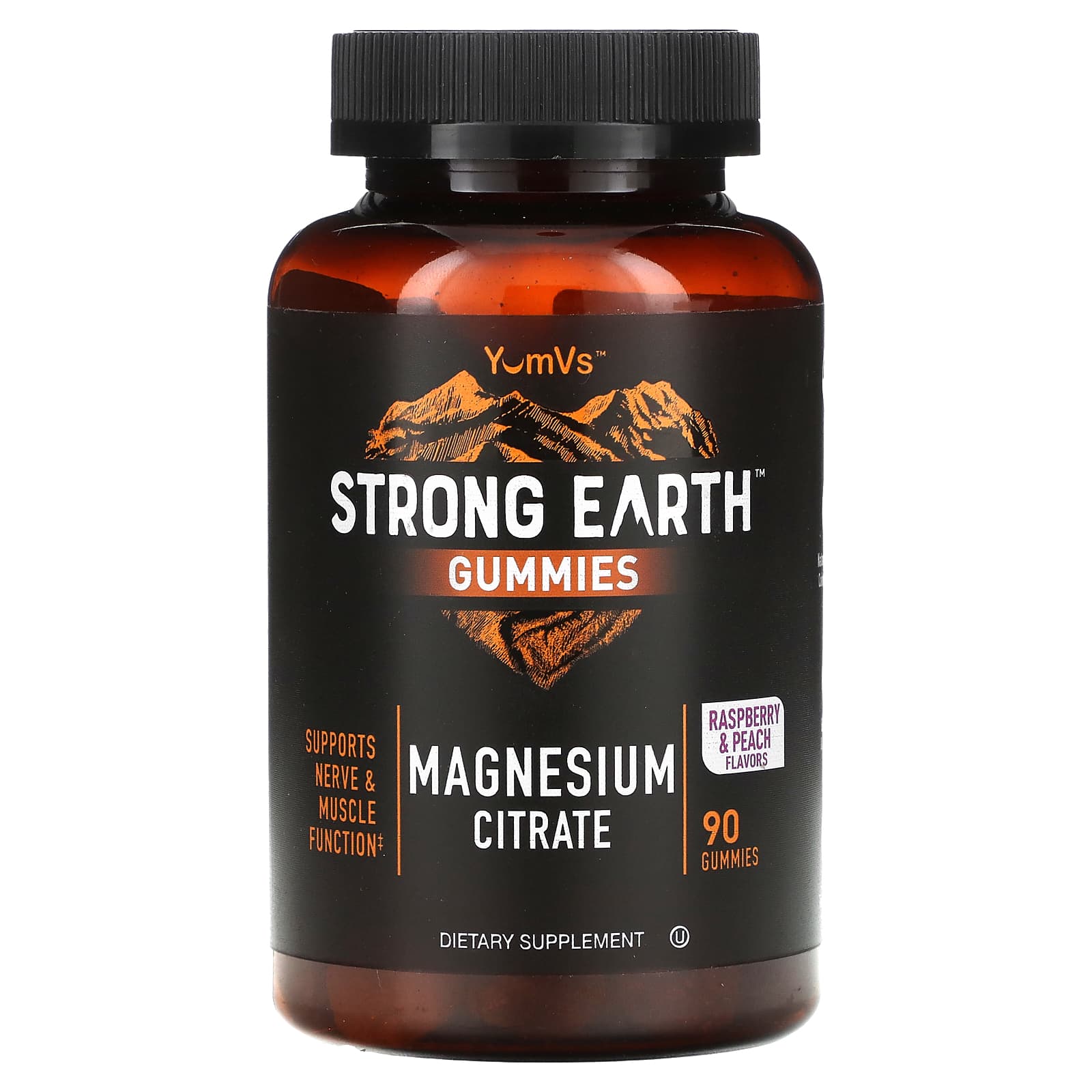 YumVs, Жевательные мармеладки Strong Earth, цитрат магния, малина и персик, 90 жевательных таблеток