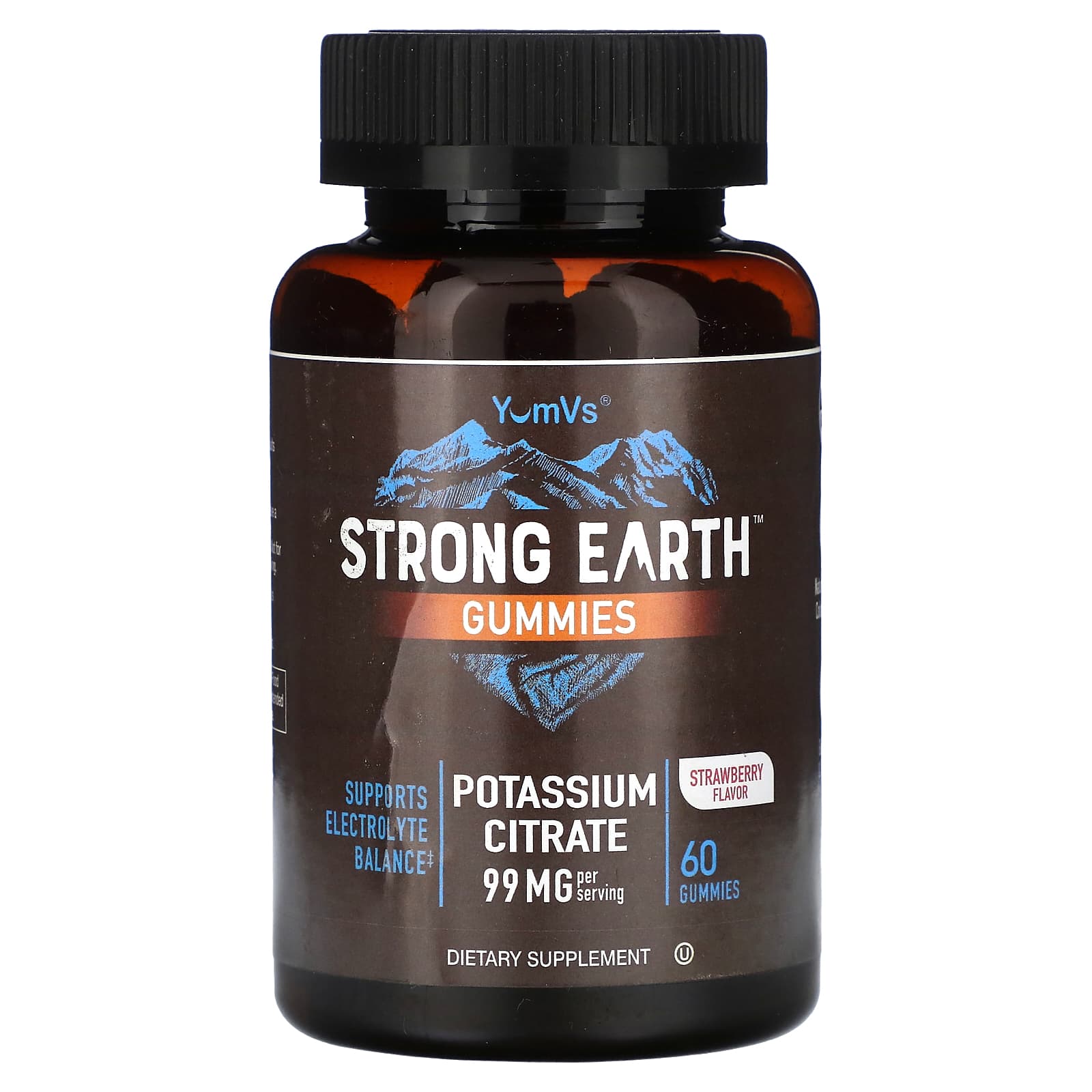 YumVs, Strong Earth, жевательные таблетки, цитрат калия, клубника, 99 мг, 60 жевательных таблеток (49,5 мг в 1 жевательной таблетке)