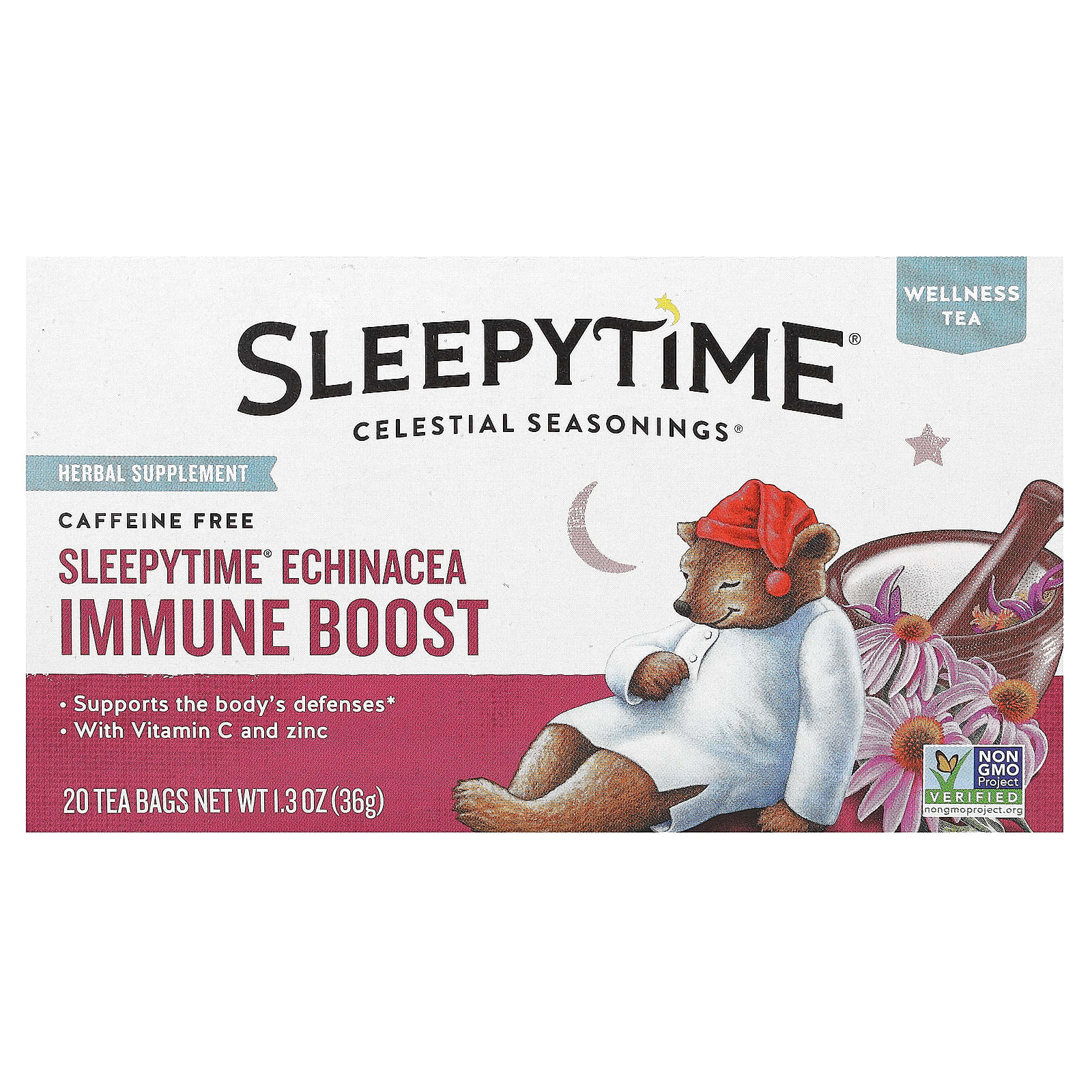 Celestial Seasonings Wellness Tea Sleepytime добавка для укрепления иммунитета с эхинацеей без кофеина 20 чайных пакетиков 36 г 13 унции 1590₽