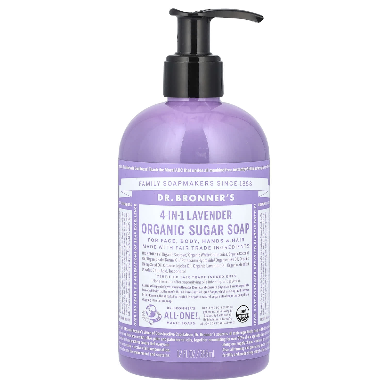 Dr. Bronner's, Органическое сахарное мыло 4 в 1, для рук, лица, тела и волос, с лавандой, 355 мл (12 жидк. Унций)