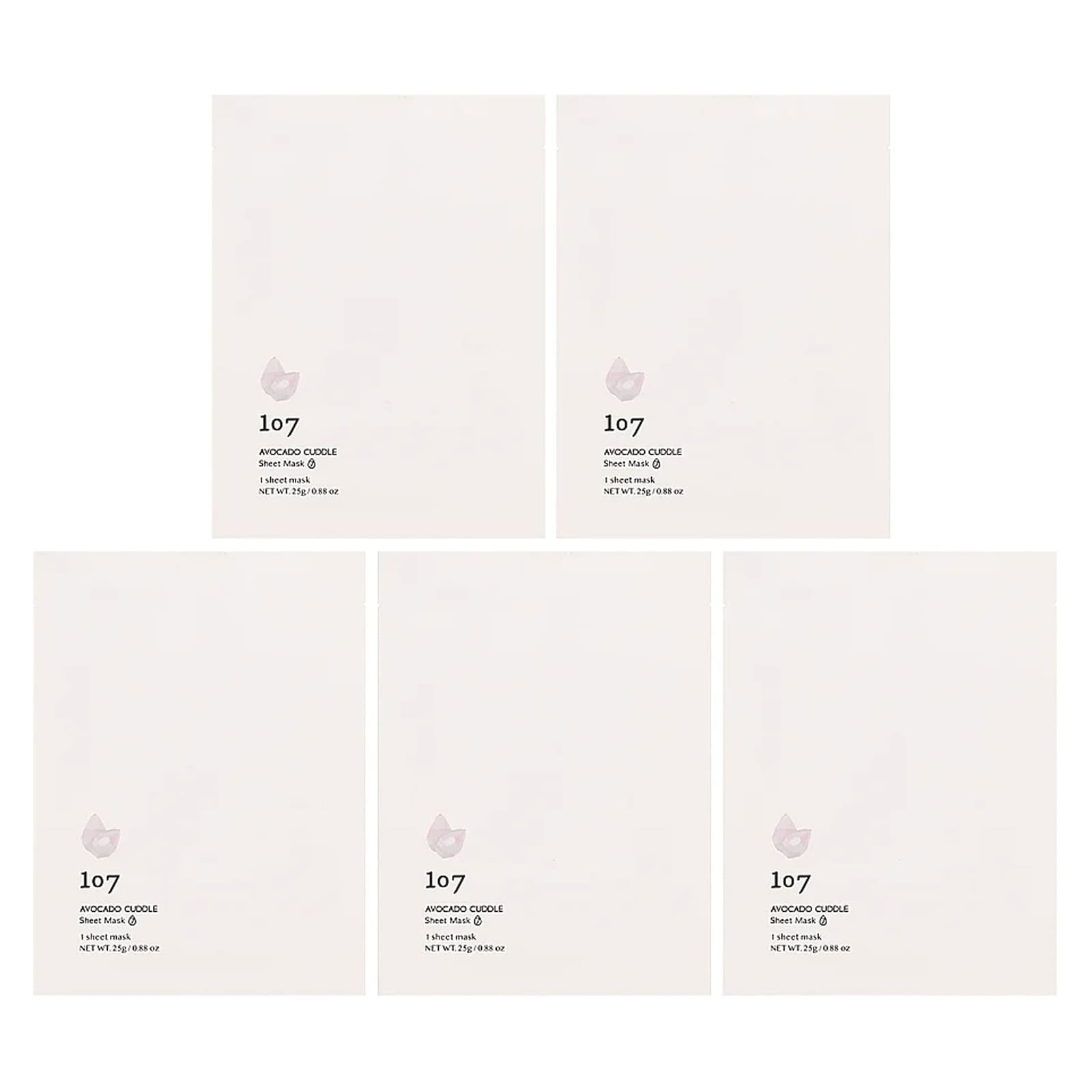 107 Beauty, Avocado Cuddle, косметические тканевые маски, 5 листовых масок, 25 г (0,88 унции)