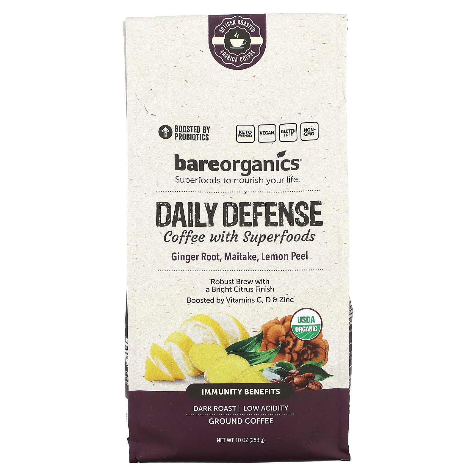 BareOrganics Кофе Daily Defense с суперфудами молотый темная обжарка 283 г 10 унций 2190₽