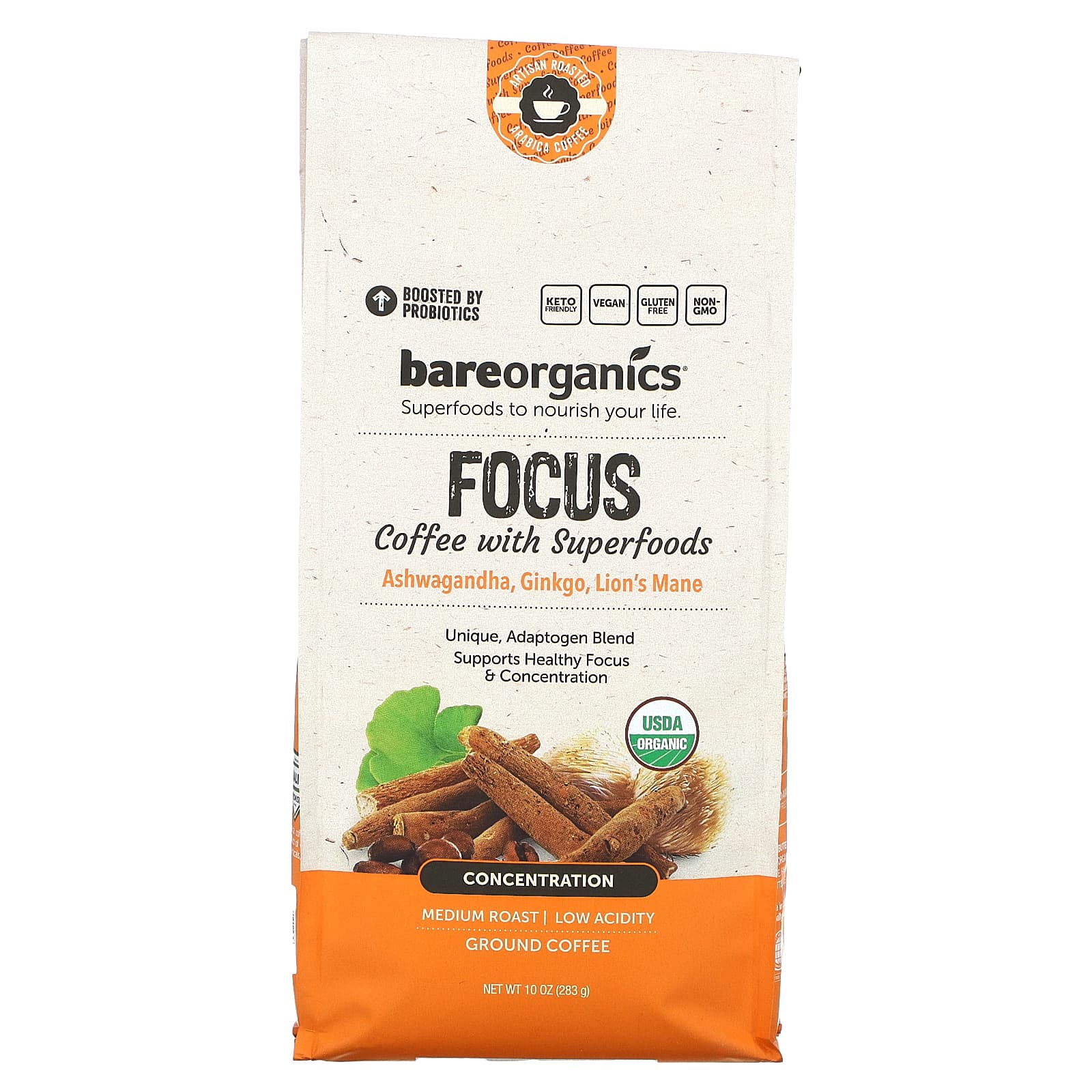 BareOrganics Focus Coffee with Superfoods молотый средней обжарки 283 г 10 унций 2590₽