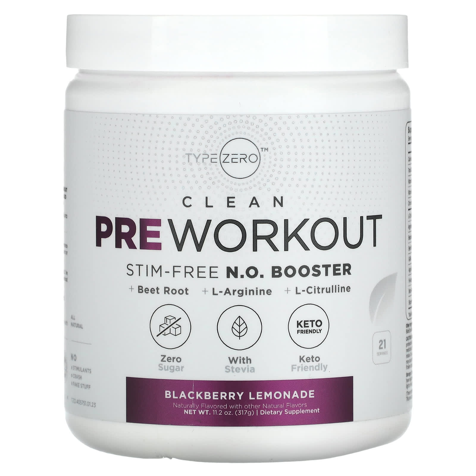 TypeZero Очищающая предтренировочная добавка без стимуляторов и NO Booster ежевиочный лимонад 317 г 112 унции 6790₽