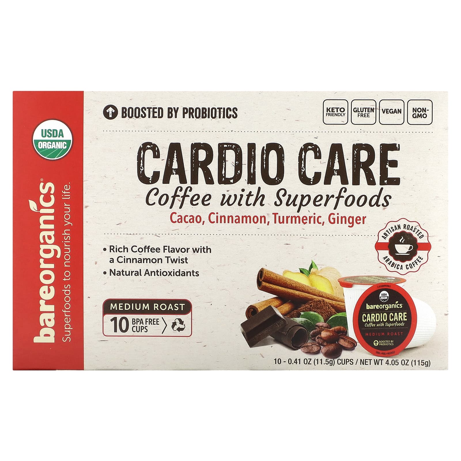 BareOrganics Cardio Care кофе с суперфудами средней обжарки 10 чашек по 115 г 041 унции 1990₽