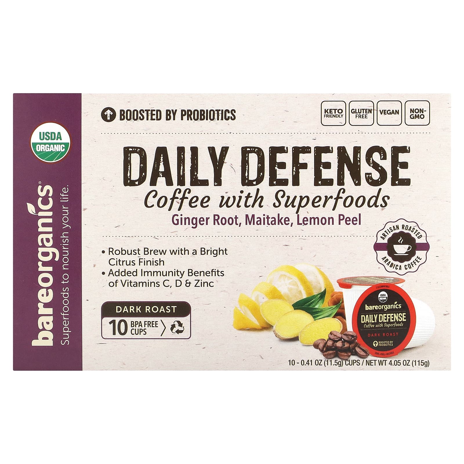 BareOrganics Daily Defense кофе с суперфудами темная обжарка 10 чашек по 115 г 041 унции 2090₽