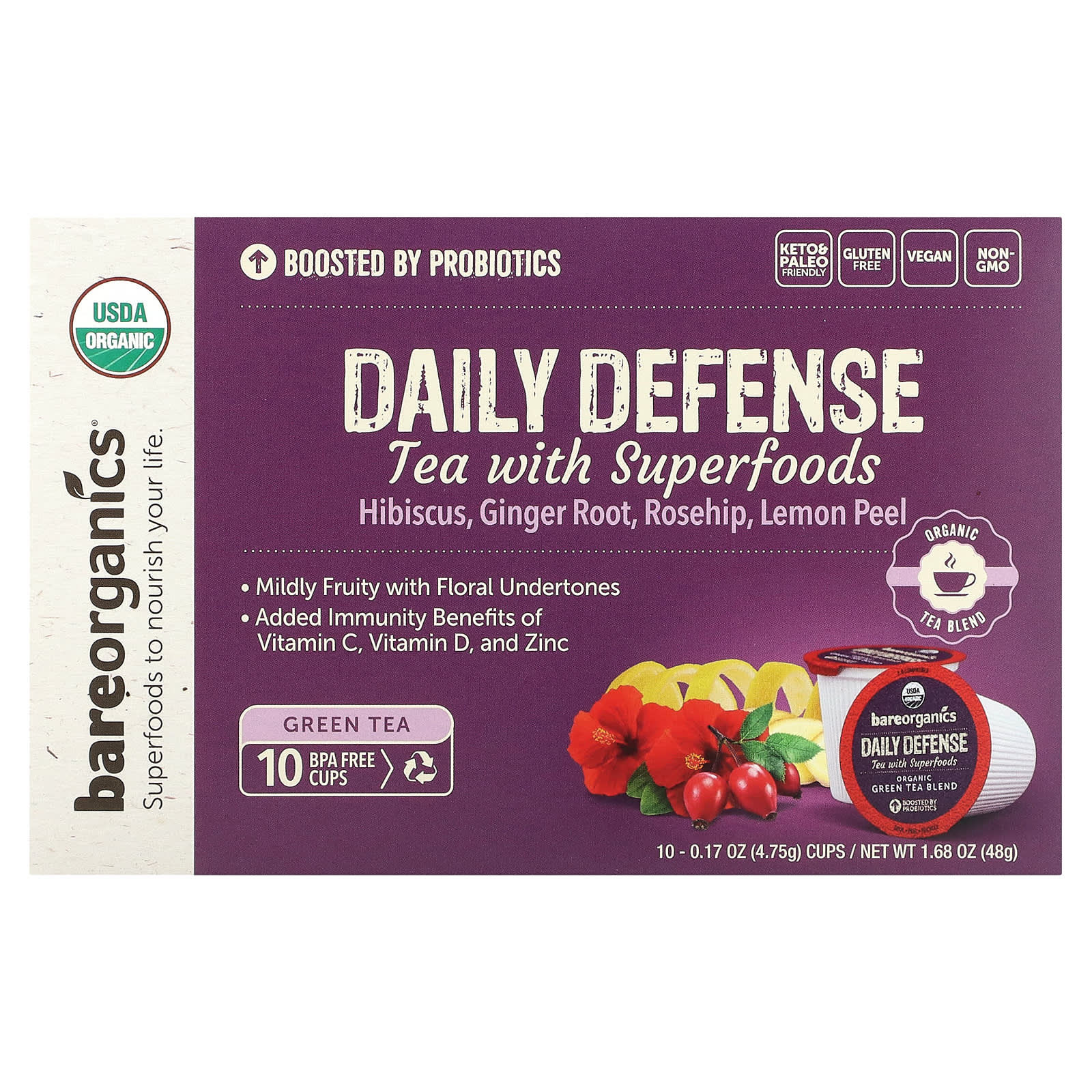 BareOrganics Daily Defense чай с суперфудами со вкусом зеленого чая 10 капсул по 475 г 017 унции 1790₽