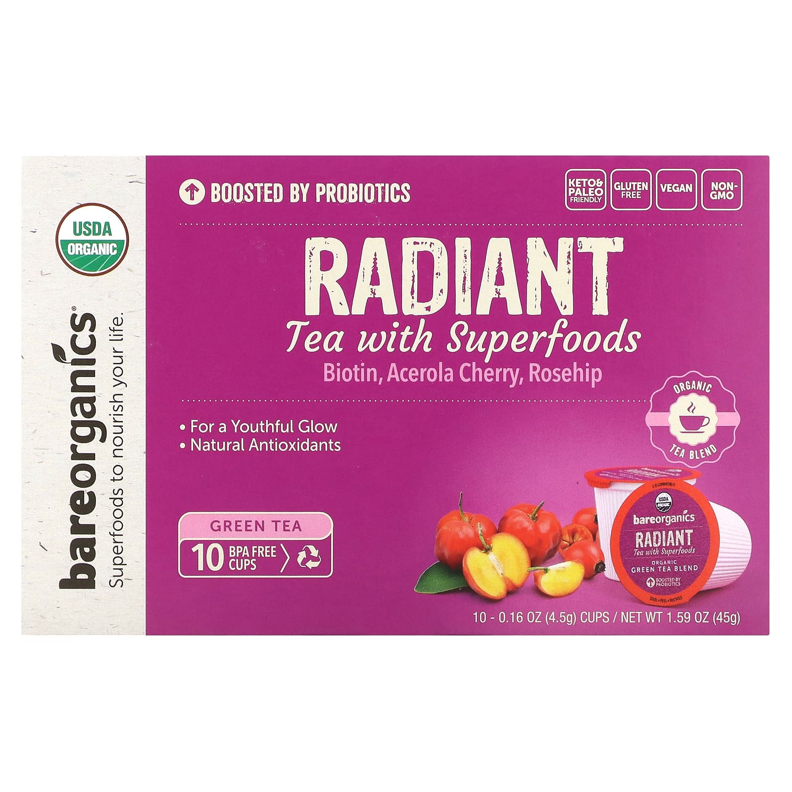 BareOrganics Radiant чай с суперфудами зеленый чай 10 чашек по 45 г 016 унции 1990₽