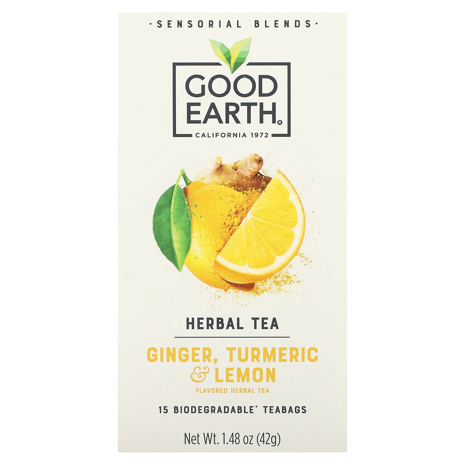 Good Earth Teas, Sensorial Blends, Herbal Tea, Ginger, Turmeric - Lemon, 15 Biodegradable Teabags, 1.48 oz (42 g)