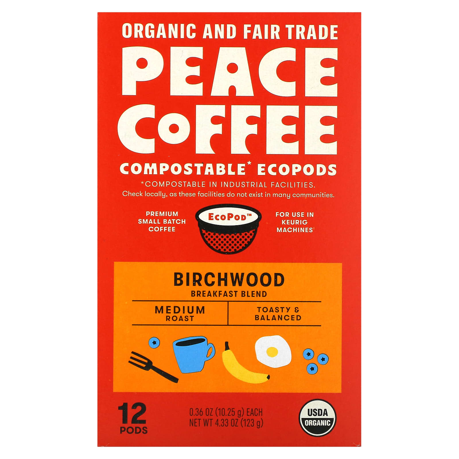 Peace Coffee Organic Birchwood Breakfast Blend Medium Roast 12 Pods 036 oz 1025 g Each 2390₽