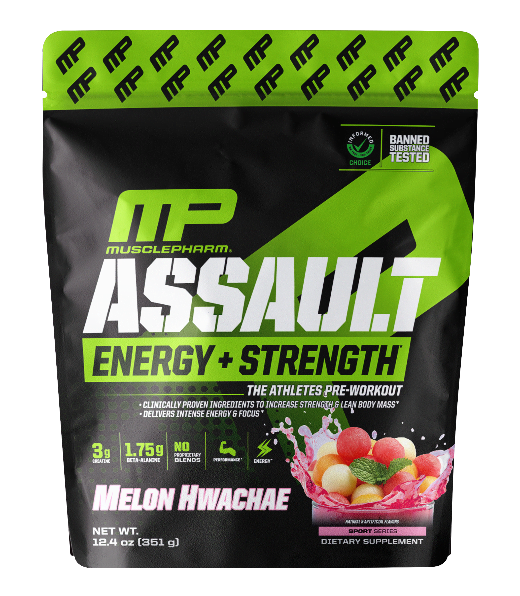 MusclePharm Assault Energy Strength предтренировочный комплекс хвача с дыней 351 г 124 унции 6690₽