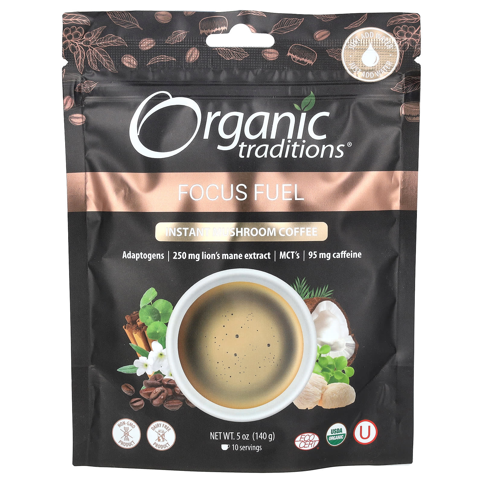 Organic Traditions растворимый грибной кофе для концентрации внимания 140 г 5 унций 2890₽