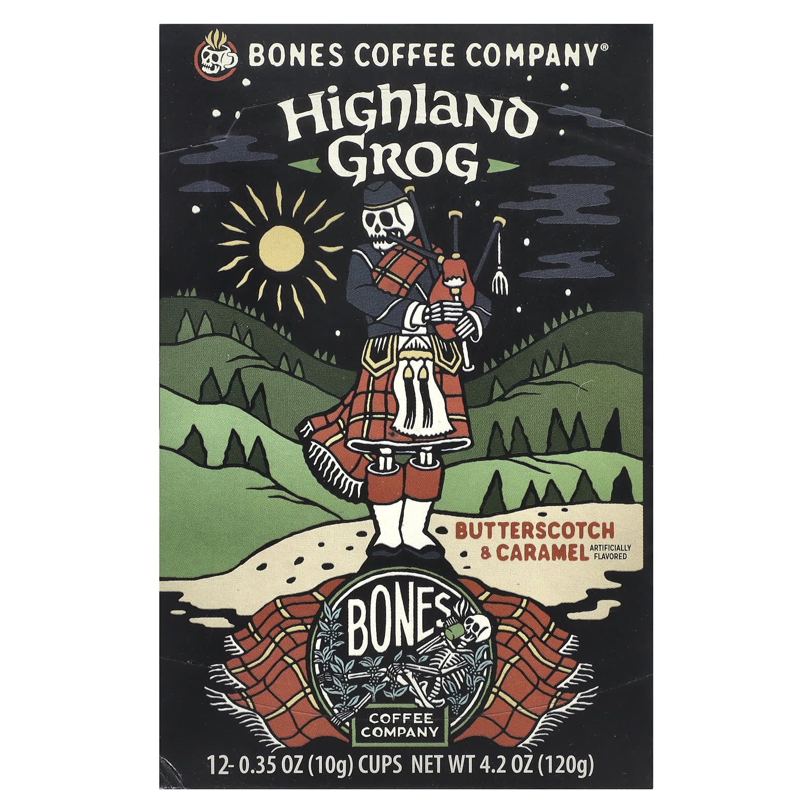 Bones Coffee Company, Highland Grog, кофейные чашки, ириска и карамель, 12 чашек по 10 г (0,35 унции)