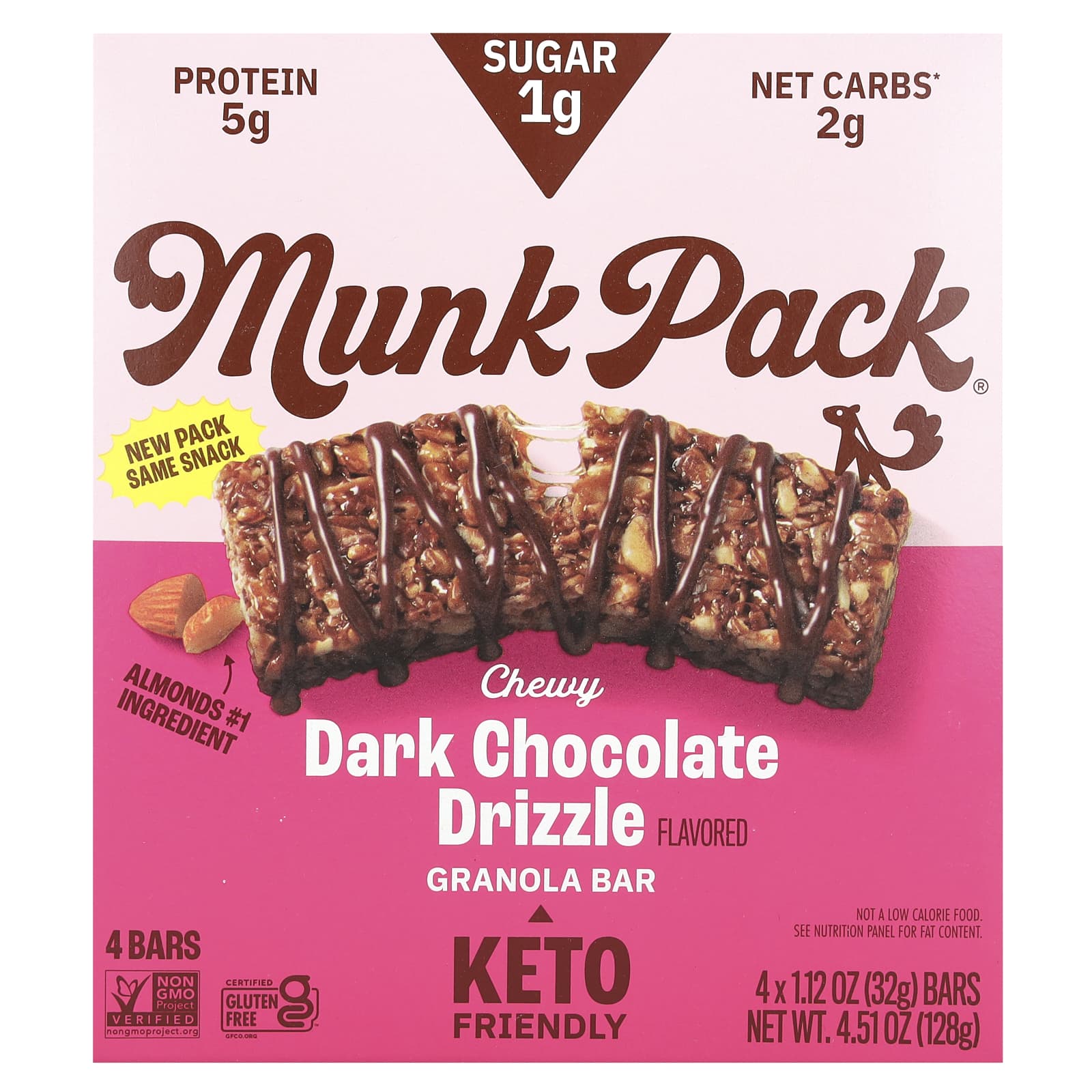 Munk Pack, Жевательный батончик-гранола, морось из темного шоколада, 4 батончика, 32 г (1,12 унции) каждый