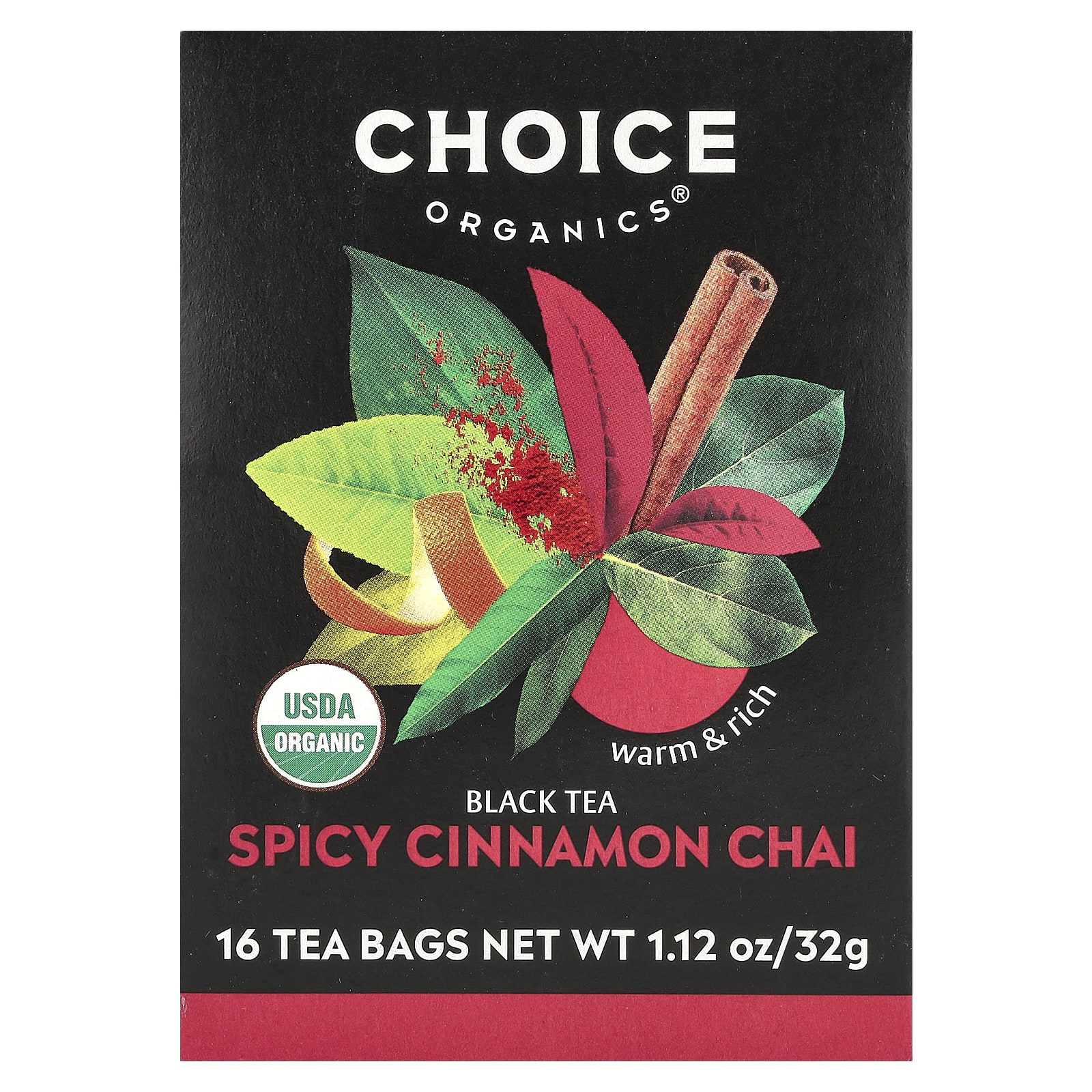 Choice Organic Teas, Черный чай, чай с пряностями и корицей, 16 чайных пакетиков, 32 г (1,12 унции)