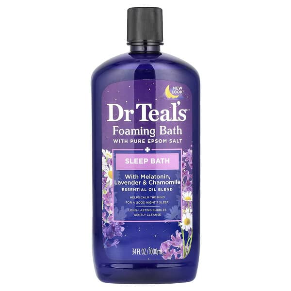 Dr. Teal's, Пенная ванна с чистой английской солью, с мелатонином, лавандой и ромашкой, 100 мл (34 жидк. Унции)