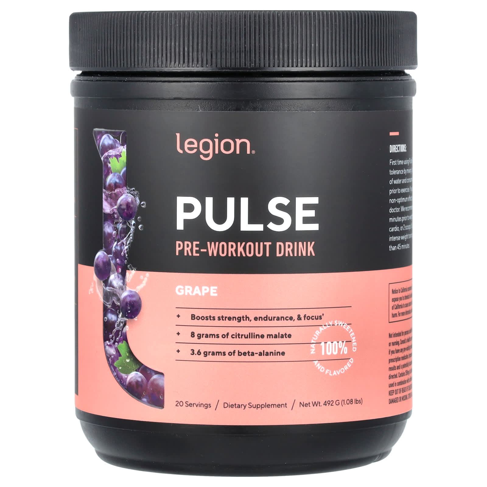 Legion Athletics Pulse предтренировочный напиток со вкусом винограда 492 г 108 фунта 8590₽