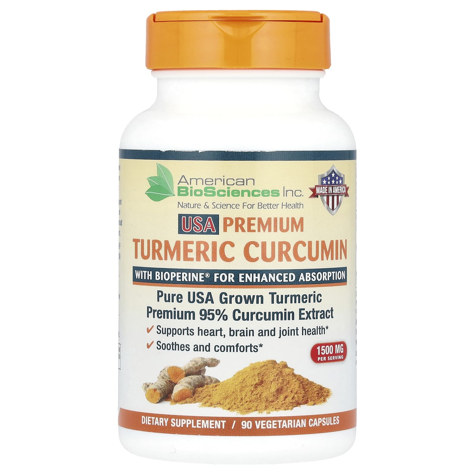 American Biosciences USA Premium Turmeric Curcumin 1500 mg 90 Vegetarian Capsules 500 mg per Capsule 3590₽