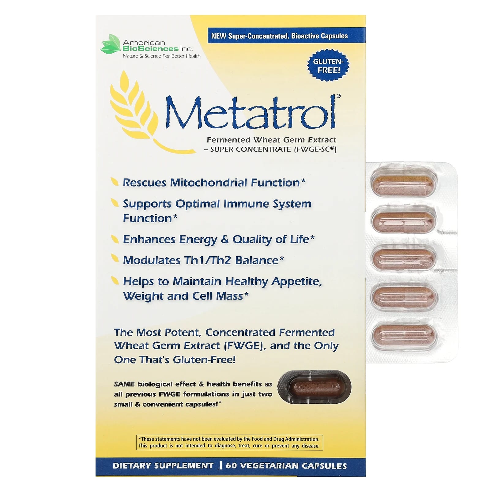 American Biosciences Metatrol Fermented Wheat Germ Extract 60 Vegetarian Capsules 25890₽