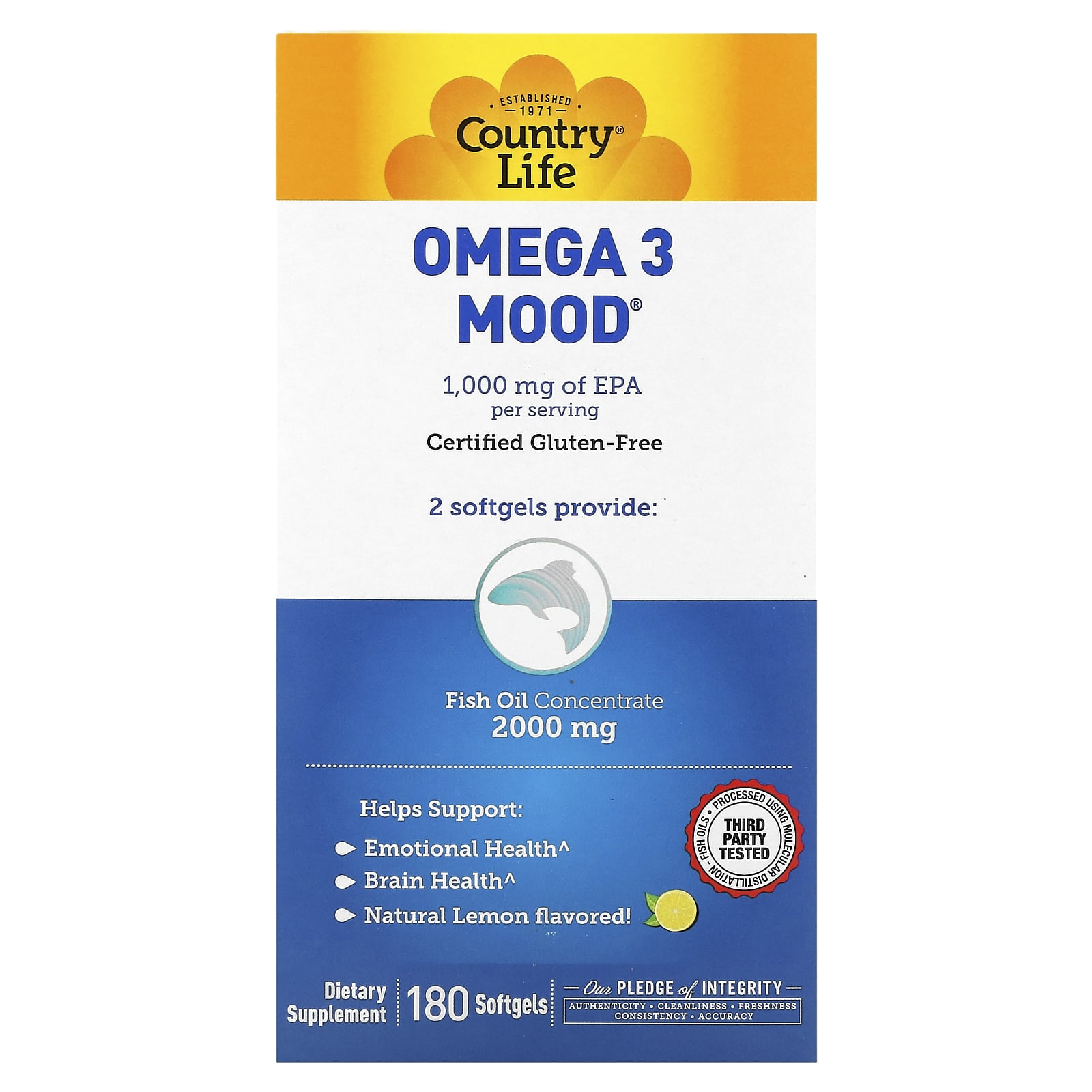 Country Life Omega 3 Mood с натуральным вкусом лимона 180 мягких желатиновых капсул 11890₽