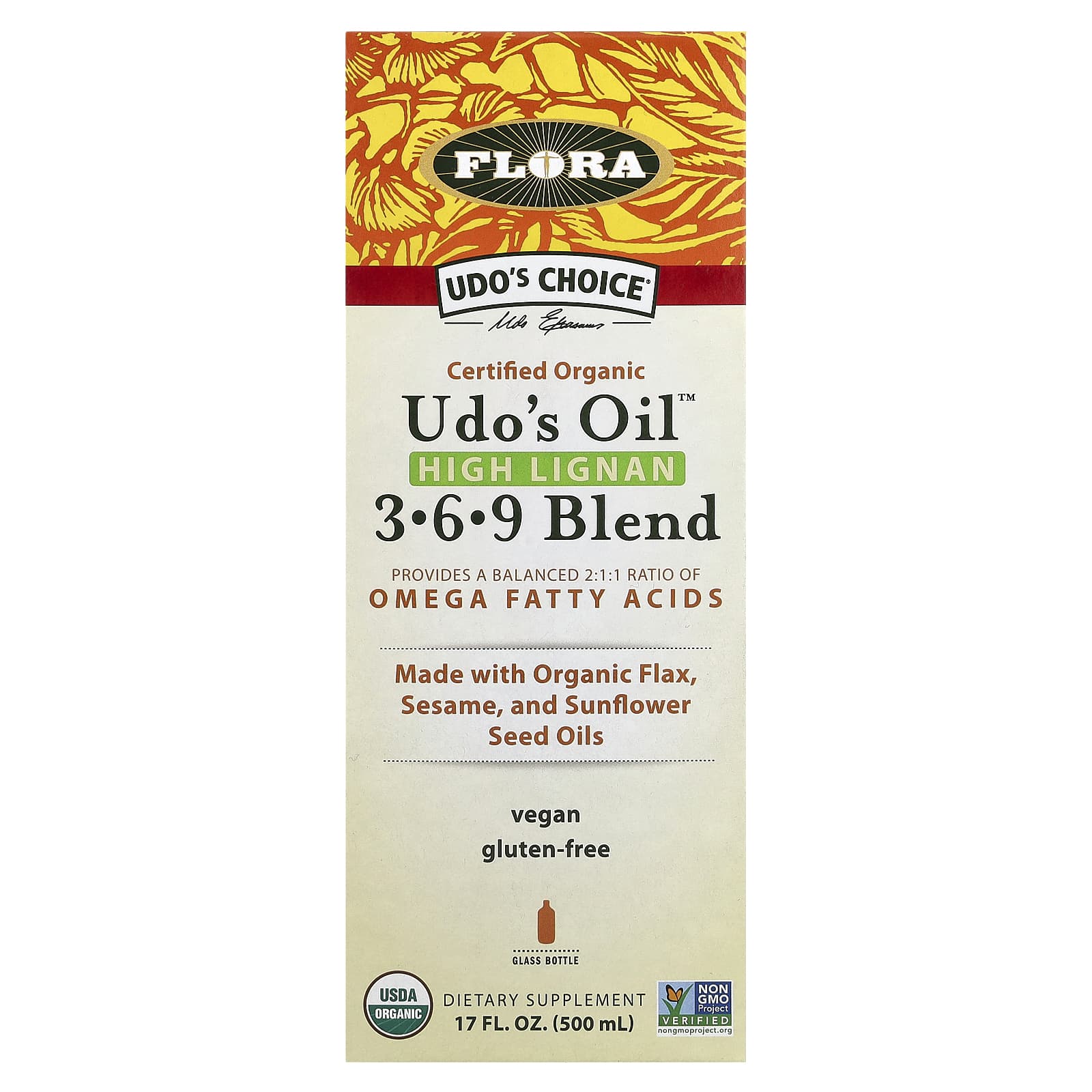 Flora Udos Choice сертифицированная органическая смесь Udos Oil с высоким содержанием лигнана 3 6 9 500 мл 17 жидк унций 6290₽