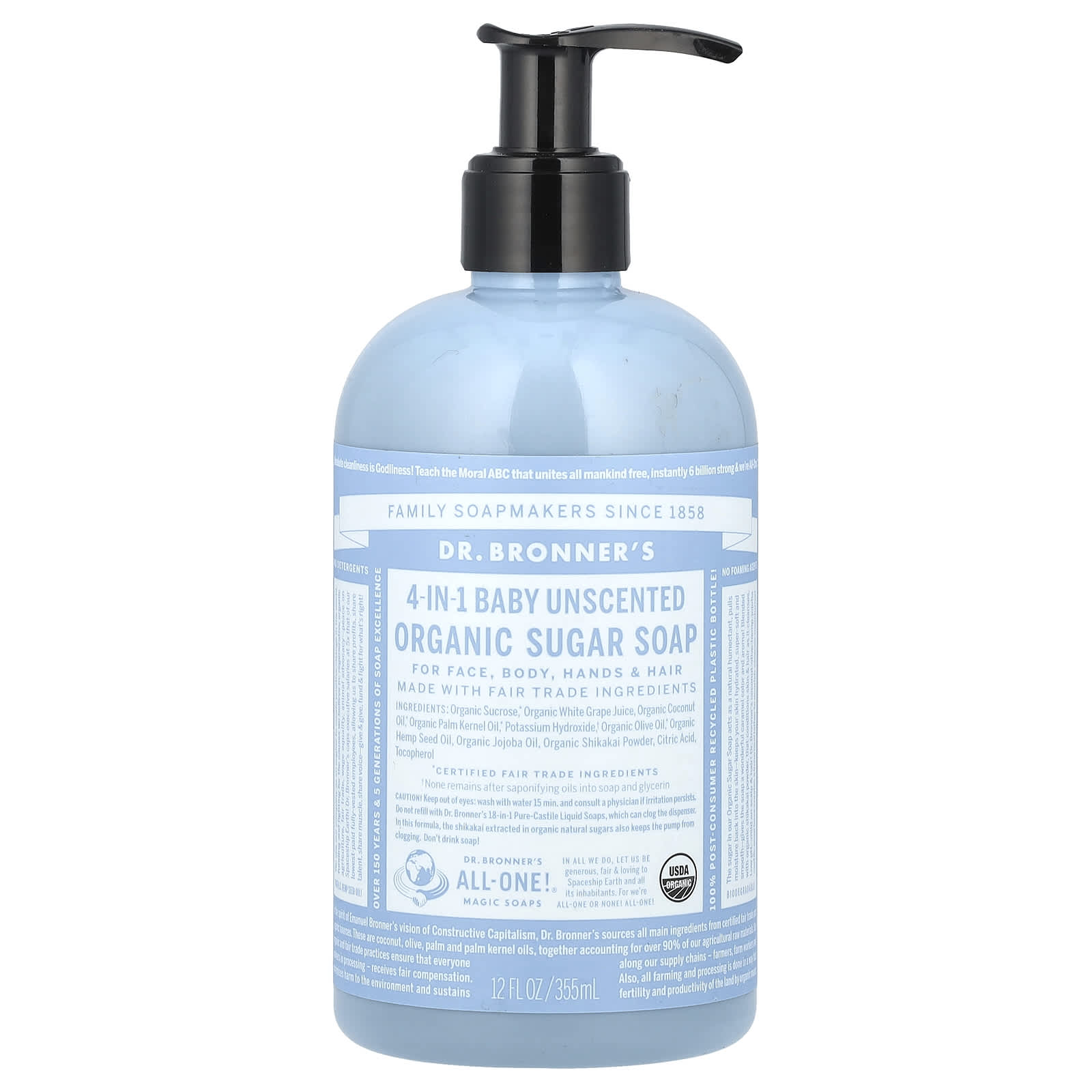 Dr. Bronner's, Органическое сахарное мыло 4 в 1, для рук, лица, тела и волос, детское без запаха, 355 мл (12 жидк. Унций)