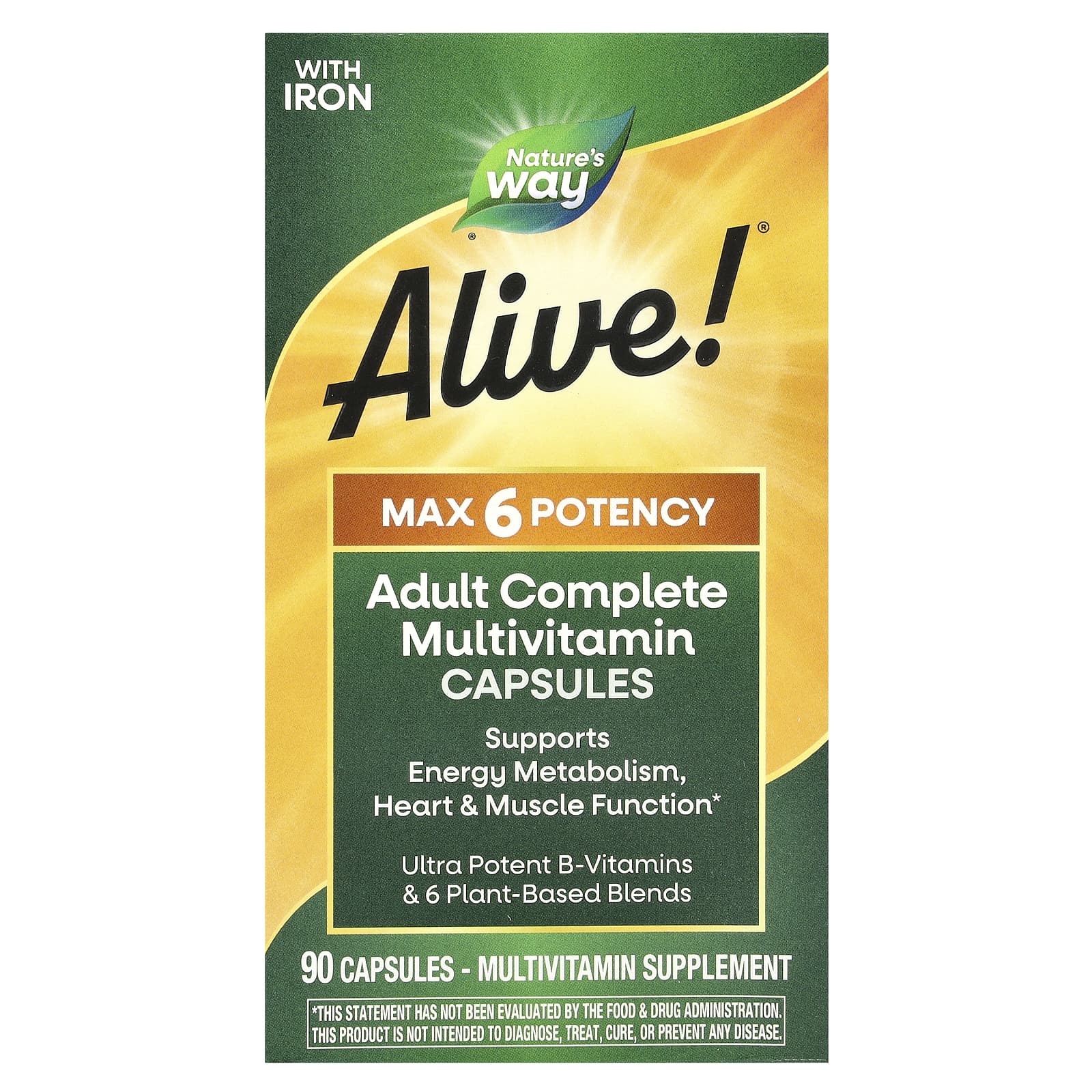 Natures Way Alive Max 6 Potency полный мультивитаминный комплекс для взрослых с железом 90 капсул 2190₽