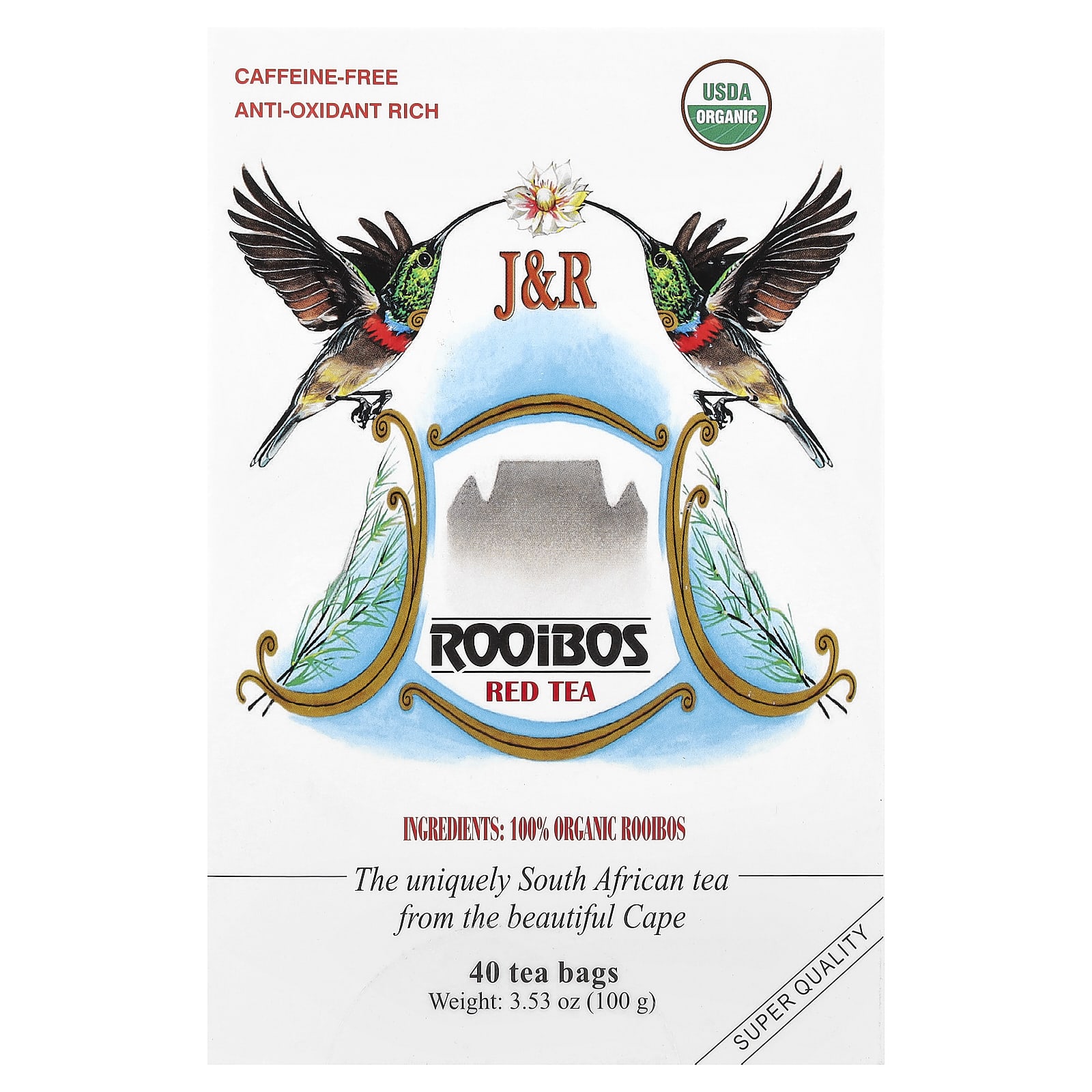 J-R Port Trading Pure Rooibos Red Tea Настоящий красный чай ройбуш без кофеина 40 чайных пакетиков 100 г 353 унции 1790₽