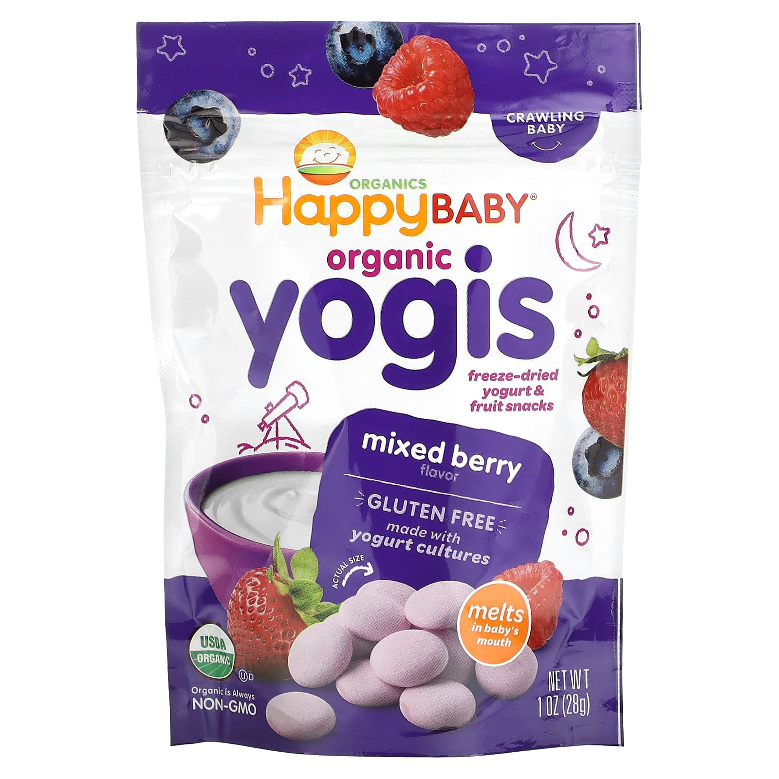 Happy Family Organics Yogis органические снеки из сублимированного йогурта с фруктами ягодная смесь 28 г 1590₽