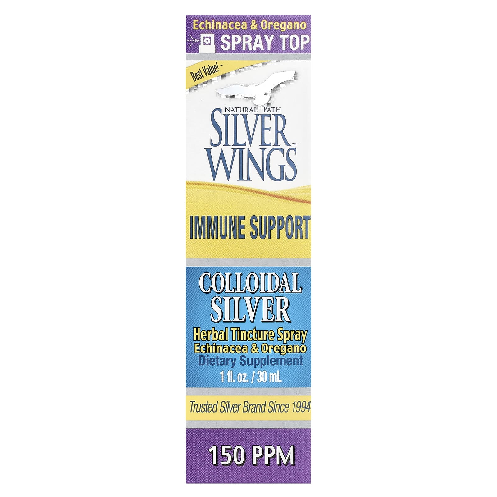 Natural Path Silver Wings, коллоидное серебро, травяная настойка, спрей, 150 част./млн, 30 мл (1 жидк. унция) (150 част./млн в 15 распылениях)