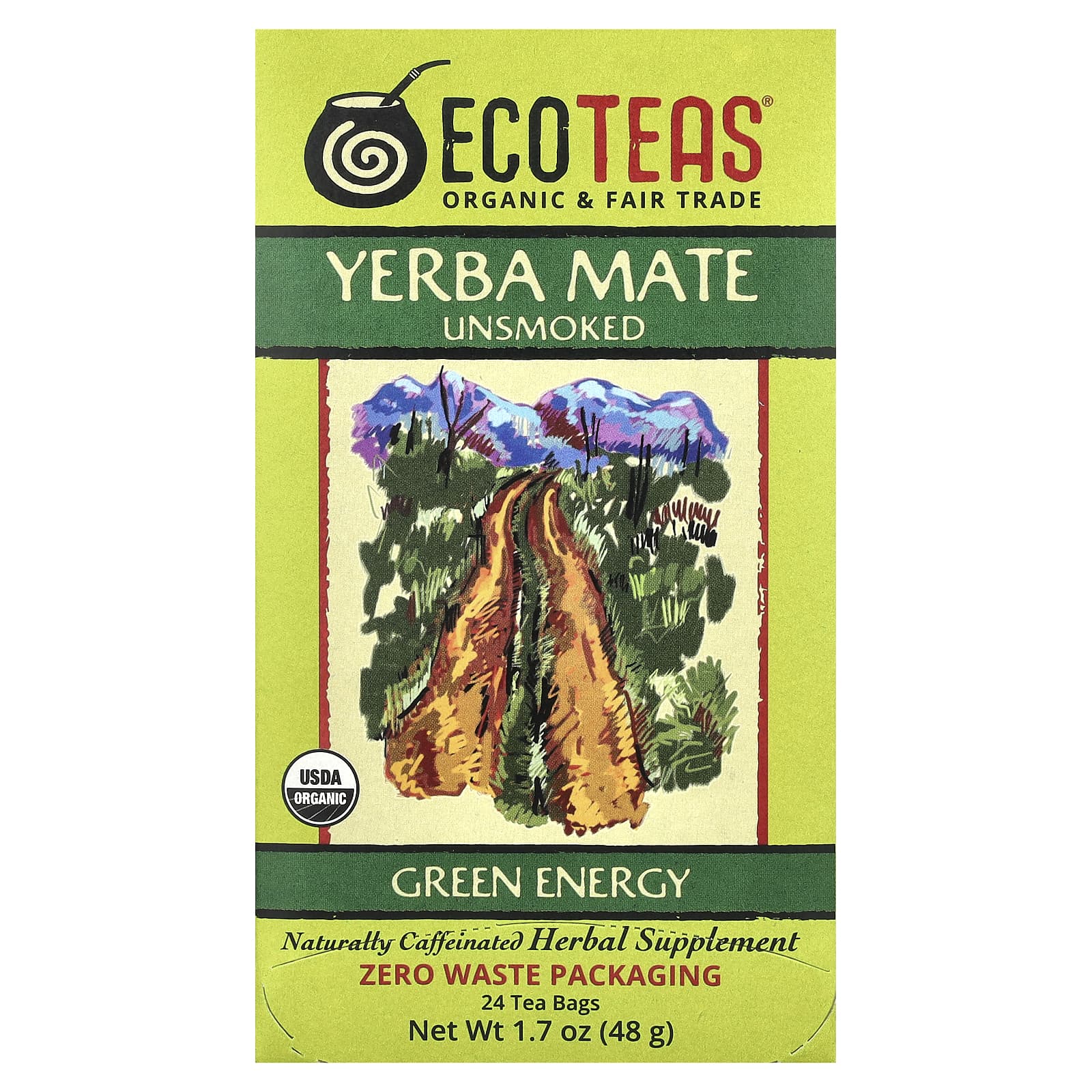 EcoTeas Yerba Mate некопченный зеленая энергия 24 чайных пакетика 48 г 17 унции 1790₽