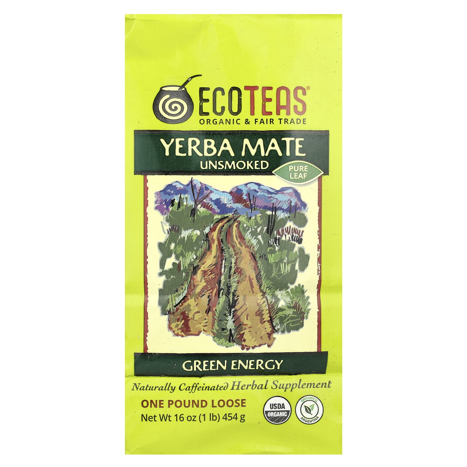 EcoTeas листовой рассыпной чистый чай йерба мате некопченный зеленая энергия 454 г 16 унций 2990₽