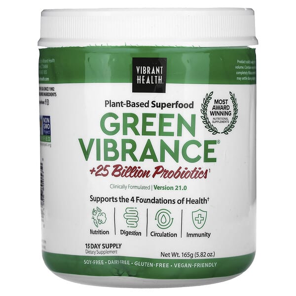 Vibrant Health, Green Vibrance + 25 млрд пробиотиков, версия 21.0, 165 г (5,82 унции)