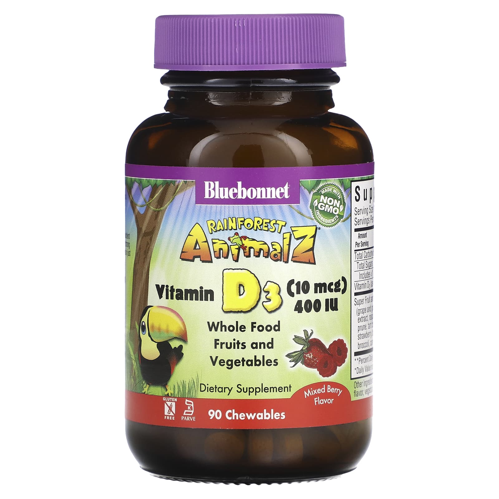 Bluebonnet Nutrition Rainforest Animalz витамин D3 с натуральным ягодным вкусом 400 МЕ 90 жевательных таблеток 1990₽