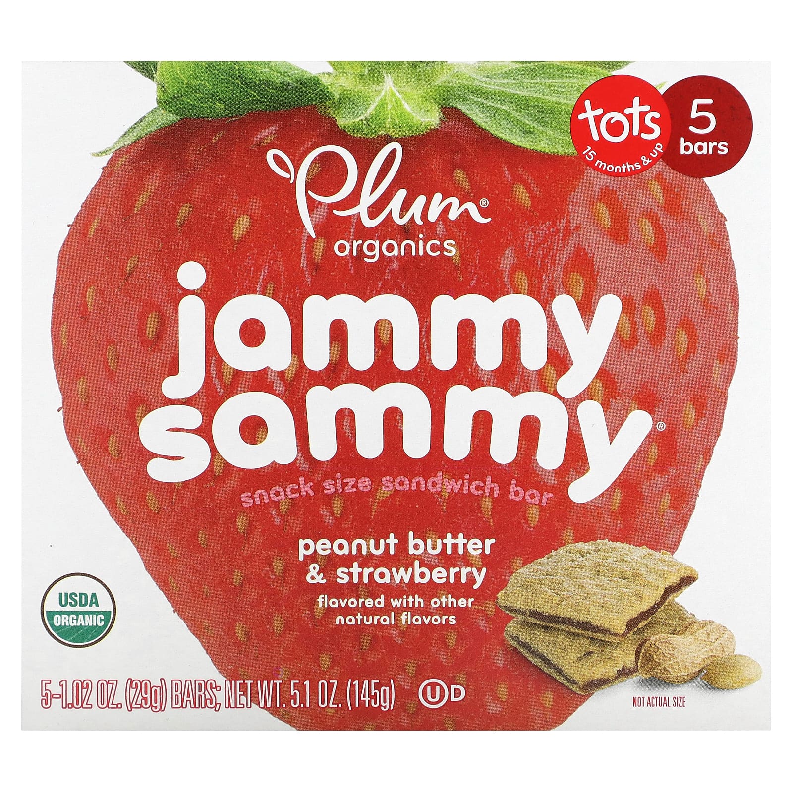Plum Organics Jammy Sammy сэндвич-батончик для снеков от 15 месяцев с арахисовым маслом и клубникой 5 батончиков 29 г 102 унции 1590₽