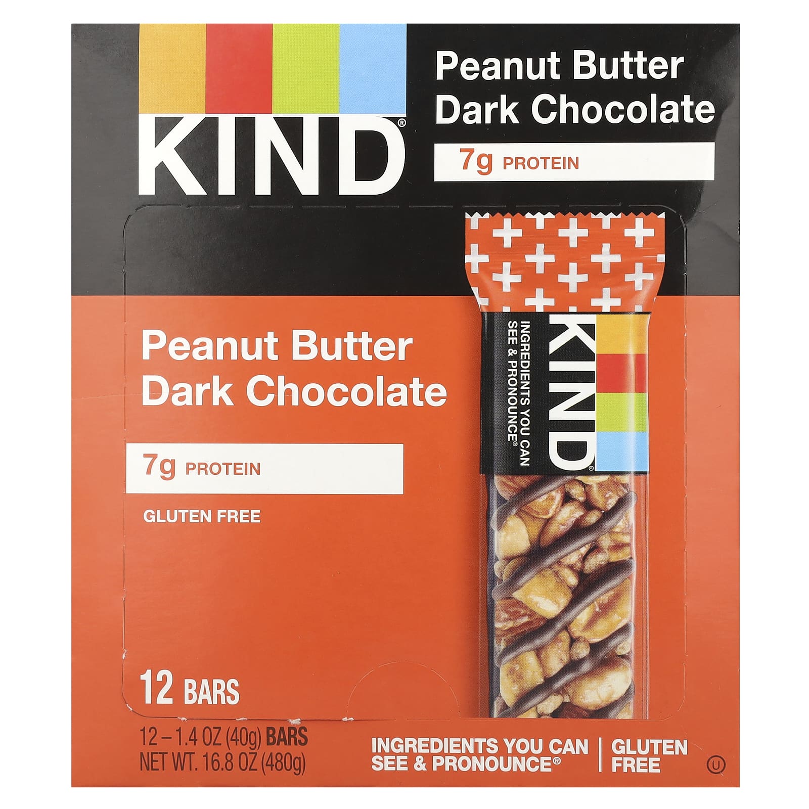 KIND Bars, Kind Plus, батончик из темного шоколада с арахисовой пастой, 12 батончиков по 40 г (1,4 унции)
