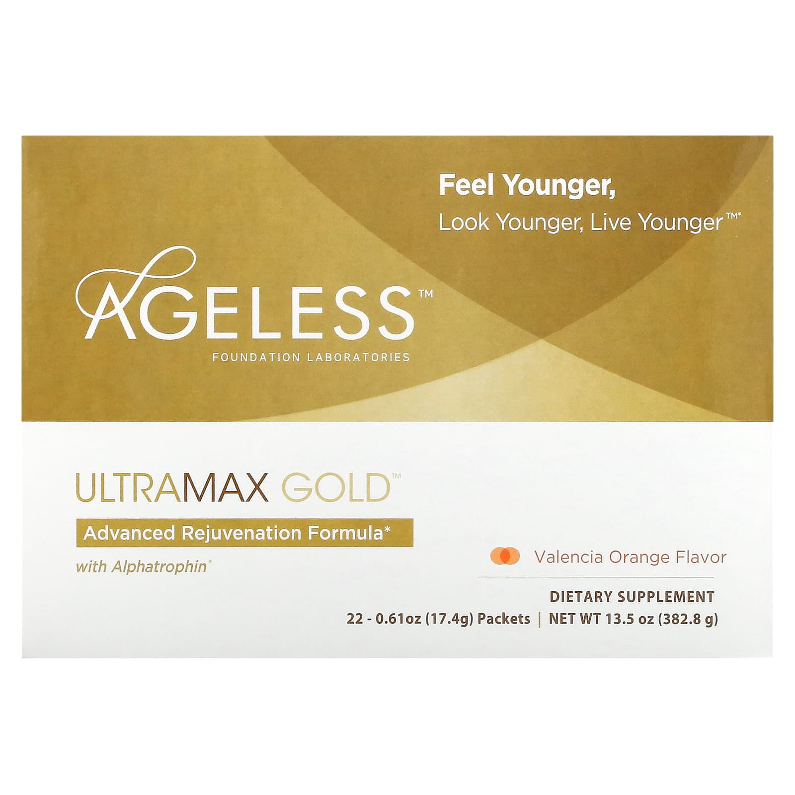 Ageless Foundation Laboratories UltraMax Gold улучшенная формула омоложения с альфатрофином со вкусом валенсийского апельсина 22 пакетика по 174 г каждый 10490₽