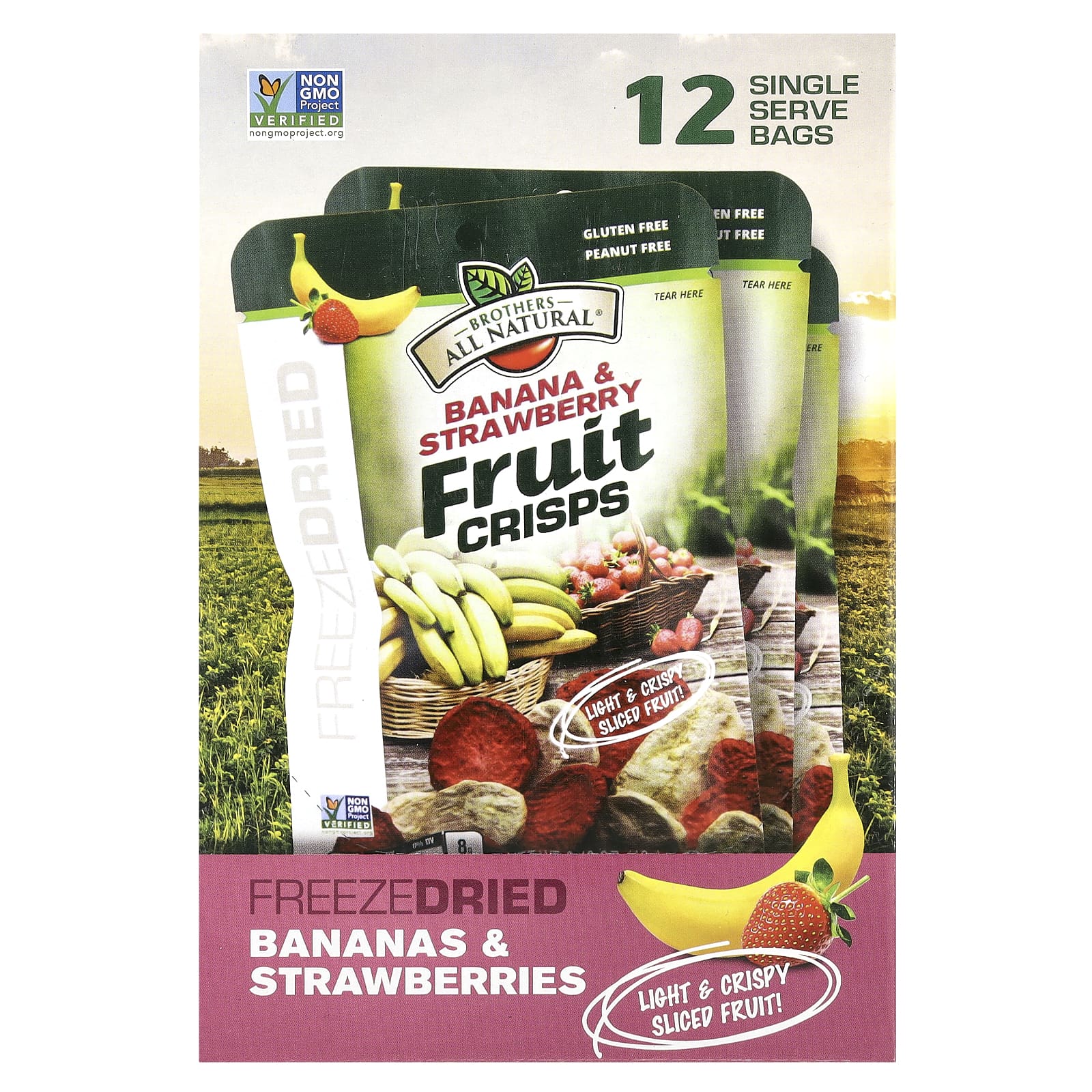 Brothers-All-Natural Фруктовые чипсы банан и клубника 12 пакетиков на одну порцию 12 г 042 унции 3190₽