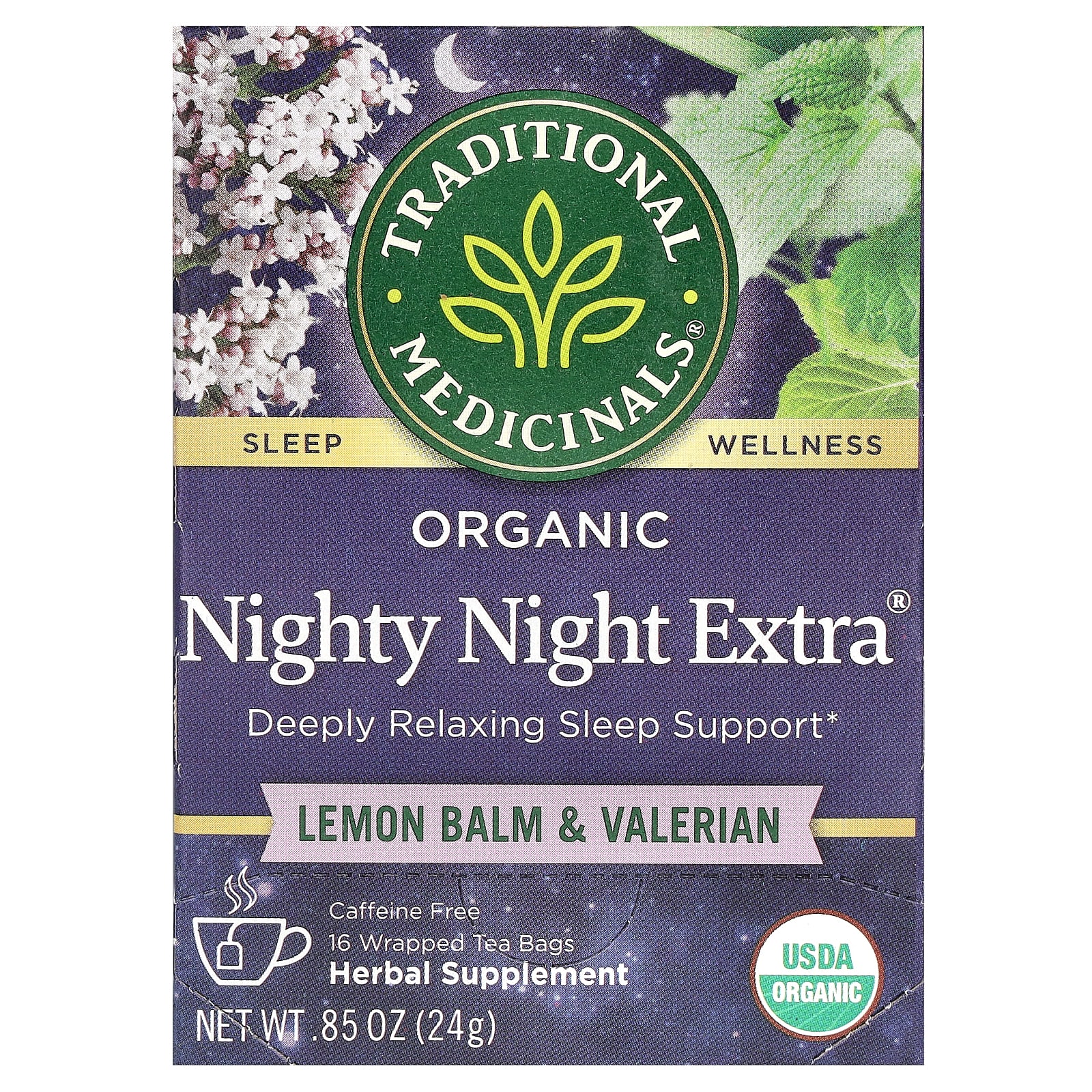 Traditional Medicinals Organic Nighty Night Extra мелисса и валериана без кофеина 16 чайных пакетиков в упаковке 24 г 085 унции 1790₽